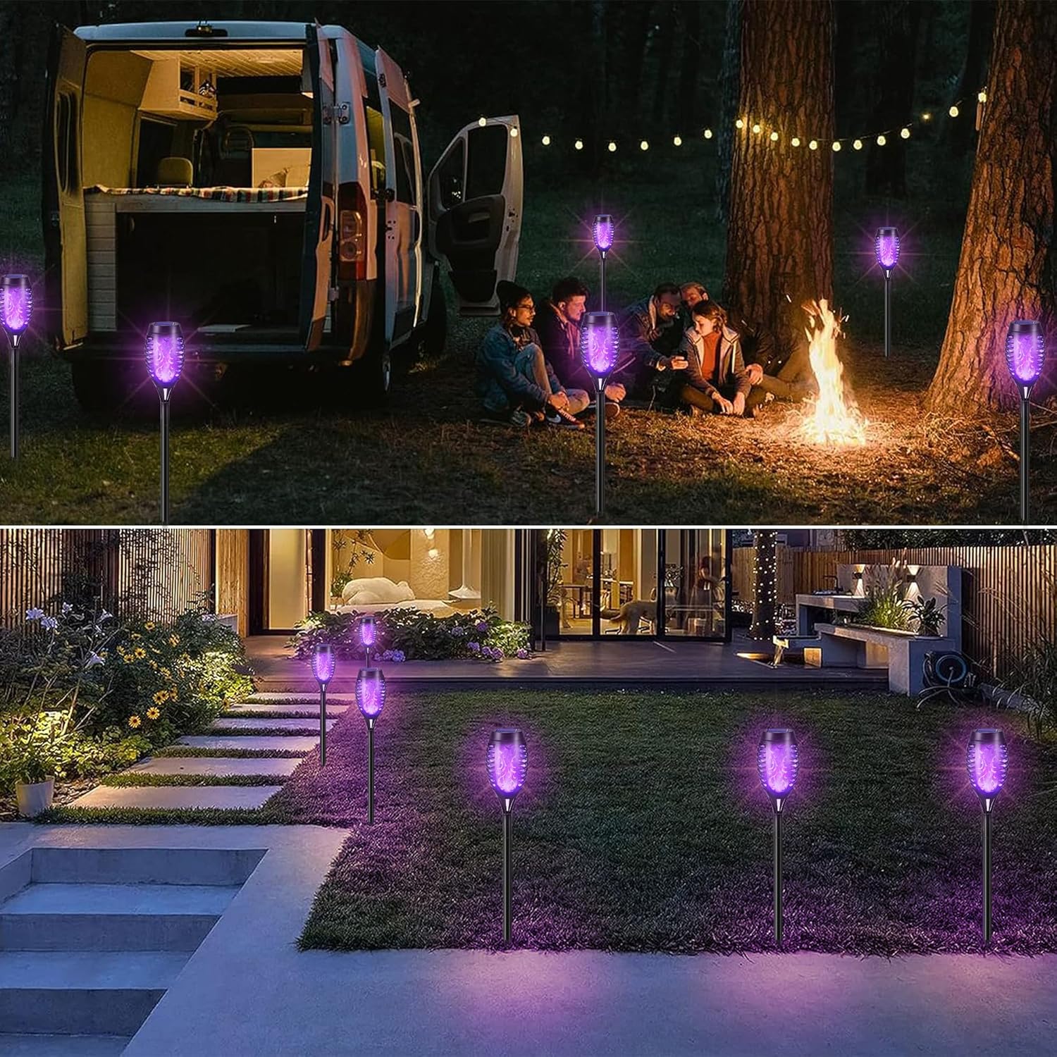 CHARKEE Halloween Outdoor Decorations, 12 Pack Purple Torch Lights, Waterproof Solar Powered Tiki Torches with Flickering Flame, Solar Lights for Outside Halloween Decor