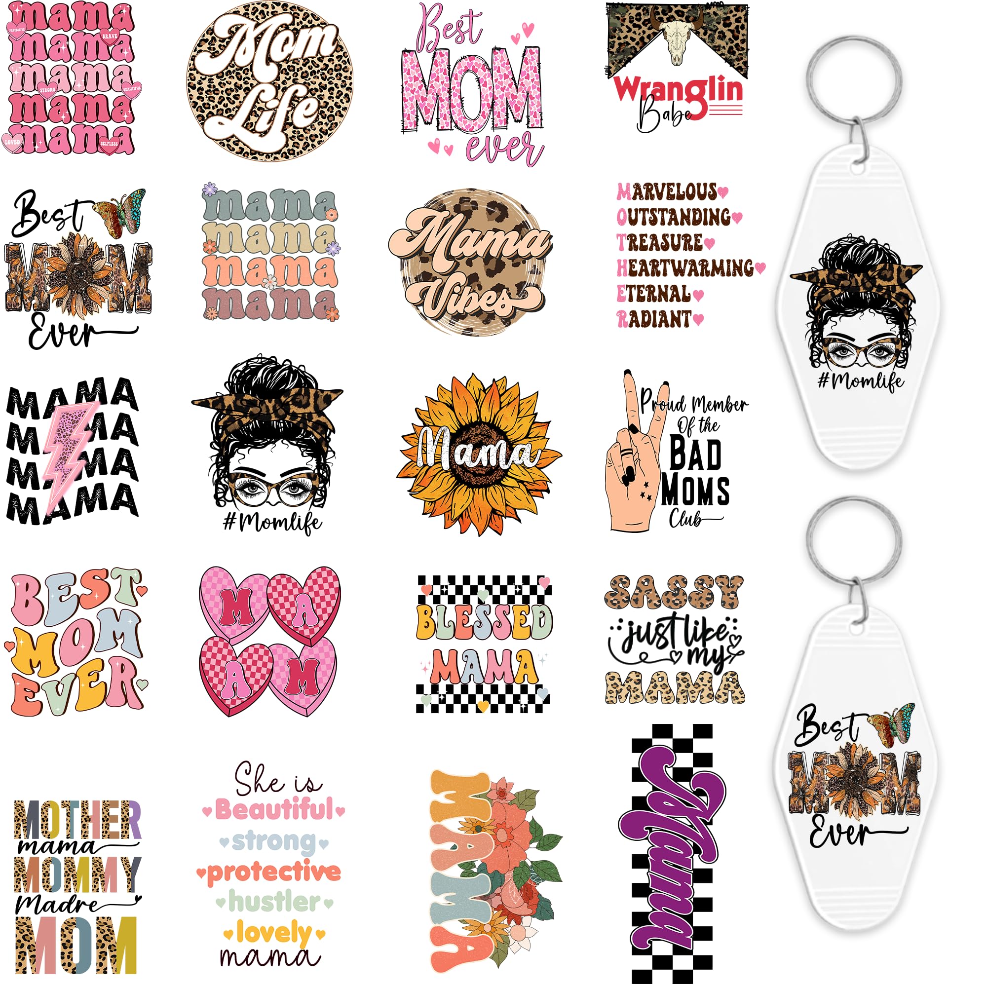 Azhieni UV DTF Motel Keychain Decals, 80PCS Mama Stickers, Leopard Mom Transfers, Waterproof Hotel Decals