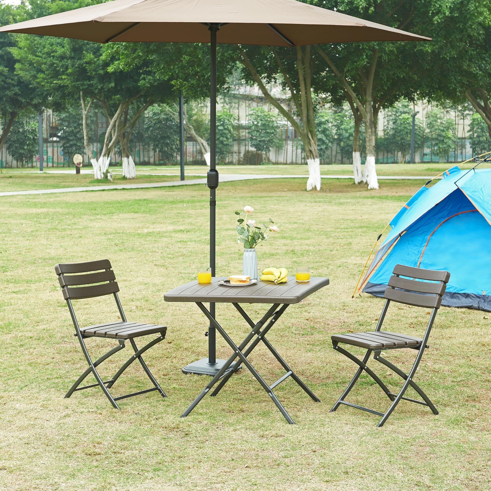 [en.casa] pro.tec składany stół piknikowy Camping przenośny stół do użytku na zewnątrz metalowa rama i blat plastikowy stół 78 x 78 x 74 cm brązowy efekt drewna