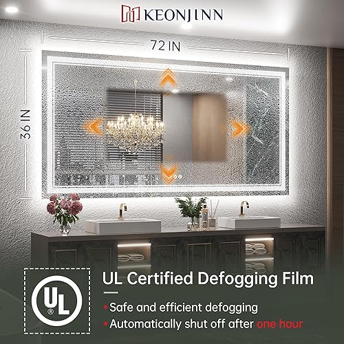 Miniatura 6 de Keonjinn Espejo de baño LED de 72 x 36 pulgadas con retroiluminación y frontal, gran espejo de tocador sin escalones de 3 colores de temperatura y