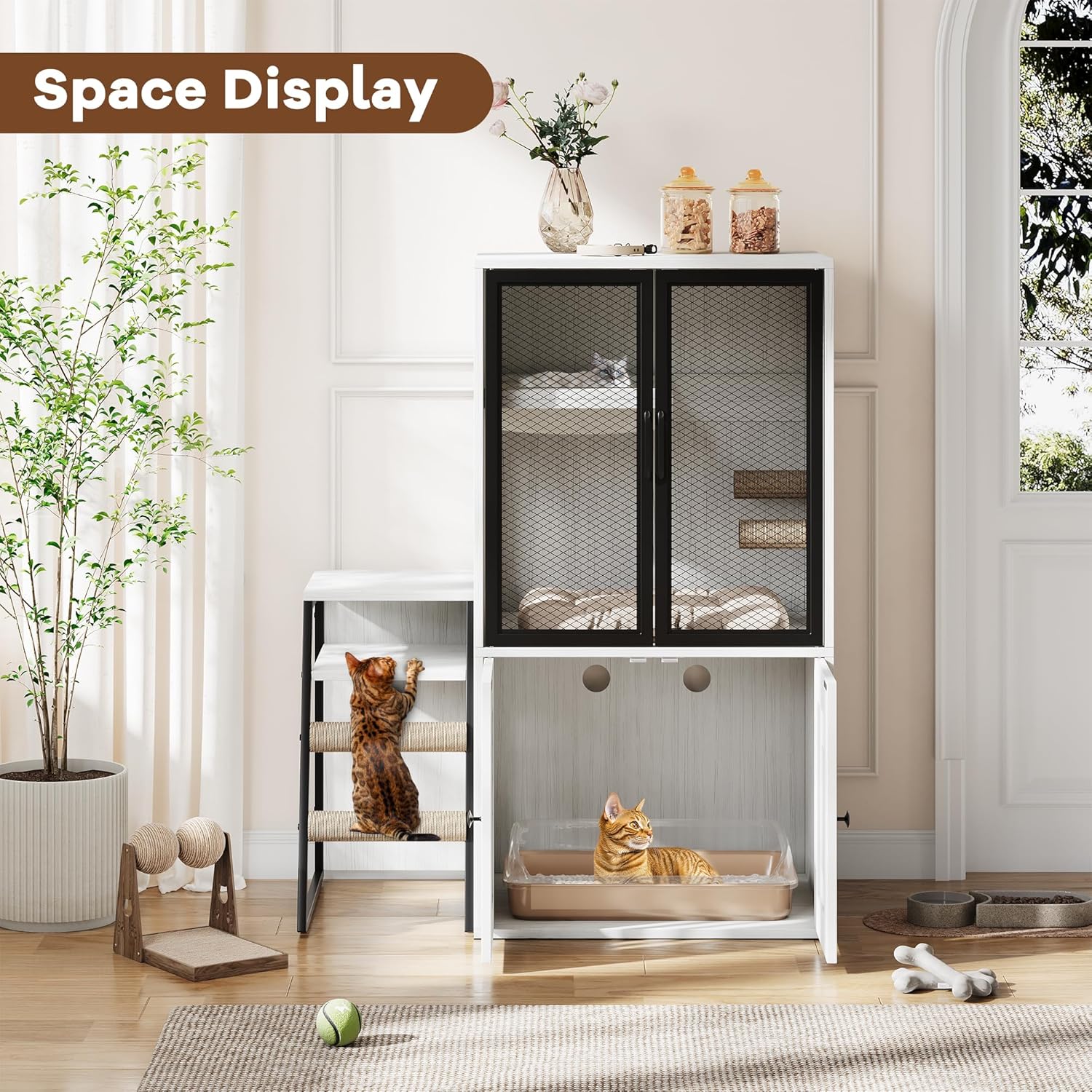 Garvee Double Cat Litter Box Fence with Ladder, Double Cat House with Storage Space, Enclosed Litter Box Furniture, White