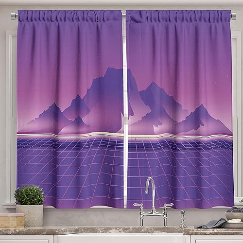 Ambesonne Synthwave Long Kitchen Curtains, Retro Sci-fi Design of Mountains and Retro Wave Computer Lover Squares, Two Panels Drapes with Rod Pocket