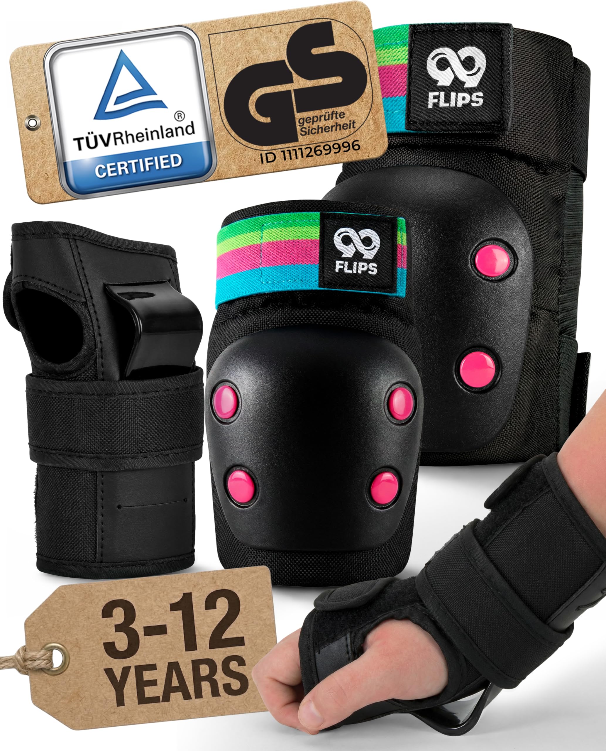 99FLIPS Kids Knee and Elbow Pads for Children - Knee Pads for Kids - Wrist Guards - - SLIDE - Size SM - BLACK RAINBOW - Skateboard, Scooter & Inline Skates