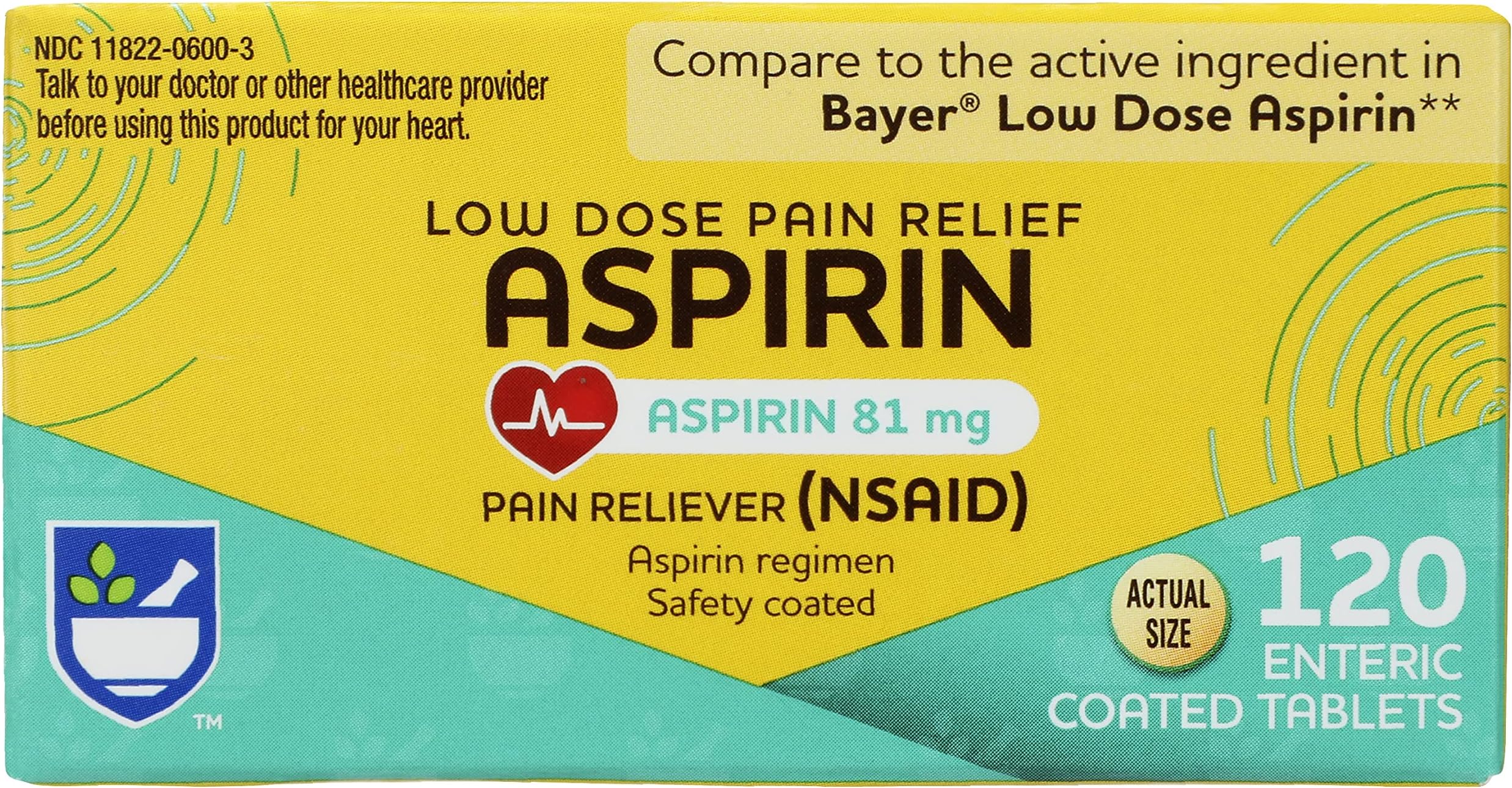 Rite Aid Aspirin Enteric Tablets, 81 mg Aspirin - 120 ct, Low Dose Aspirin | NSAID | Migraine Relief Products | Safety Coated | Enteric Coated Aspirin Regime (Package May Vary)