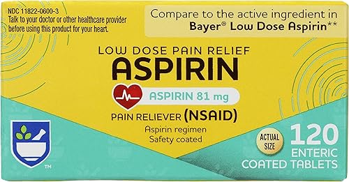 Rite Aid Aspirin Enteric Tablets, 81 mg de aspirina - 120 unidades, aspirina de baja dosis  AINE  Productos para aliviar la migraña  Recubierto de