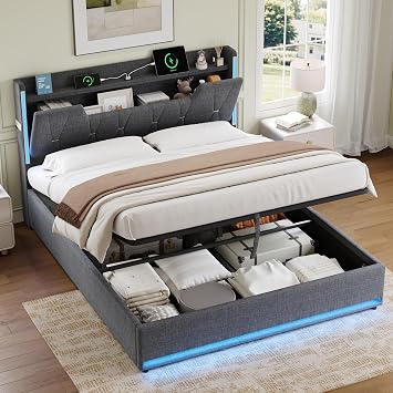 Miyemo King Bed Frame with Storage, Ottoman Upholstered Bed Frame with Headboard Storage & Hydraulic, 5ft Linen Bed Frame with LED-Lighting & Charging-Station, 150x200cm, Grey, No Mattress
