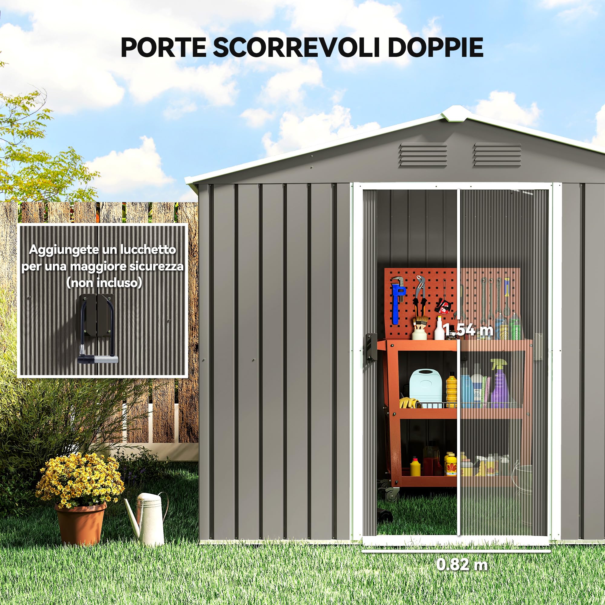 Outsunny Casetta da Giardino 3.6m² in Acciaio Zincato con Prese d'Aria, Capanno da Giardino con Tetto Inclinato, Doppie Porte Scorrevoli Bloccabili, Capanno Porta Attrezzi, 236x174x190cm, Grigio