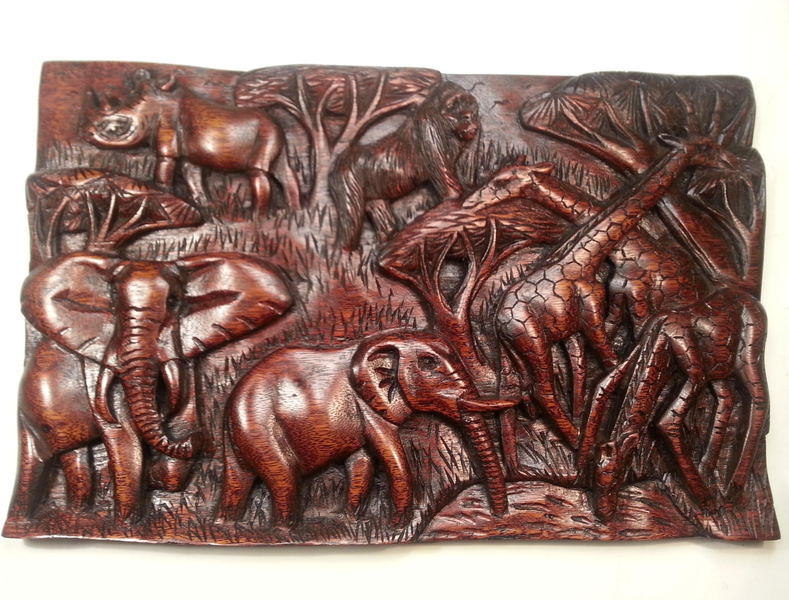 African Wooden Hand Carved Plaque: Rhino, Gorilla, 2 Elephants and 3 Giraffes