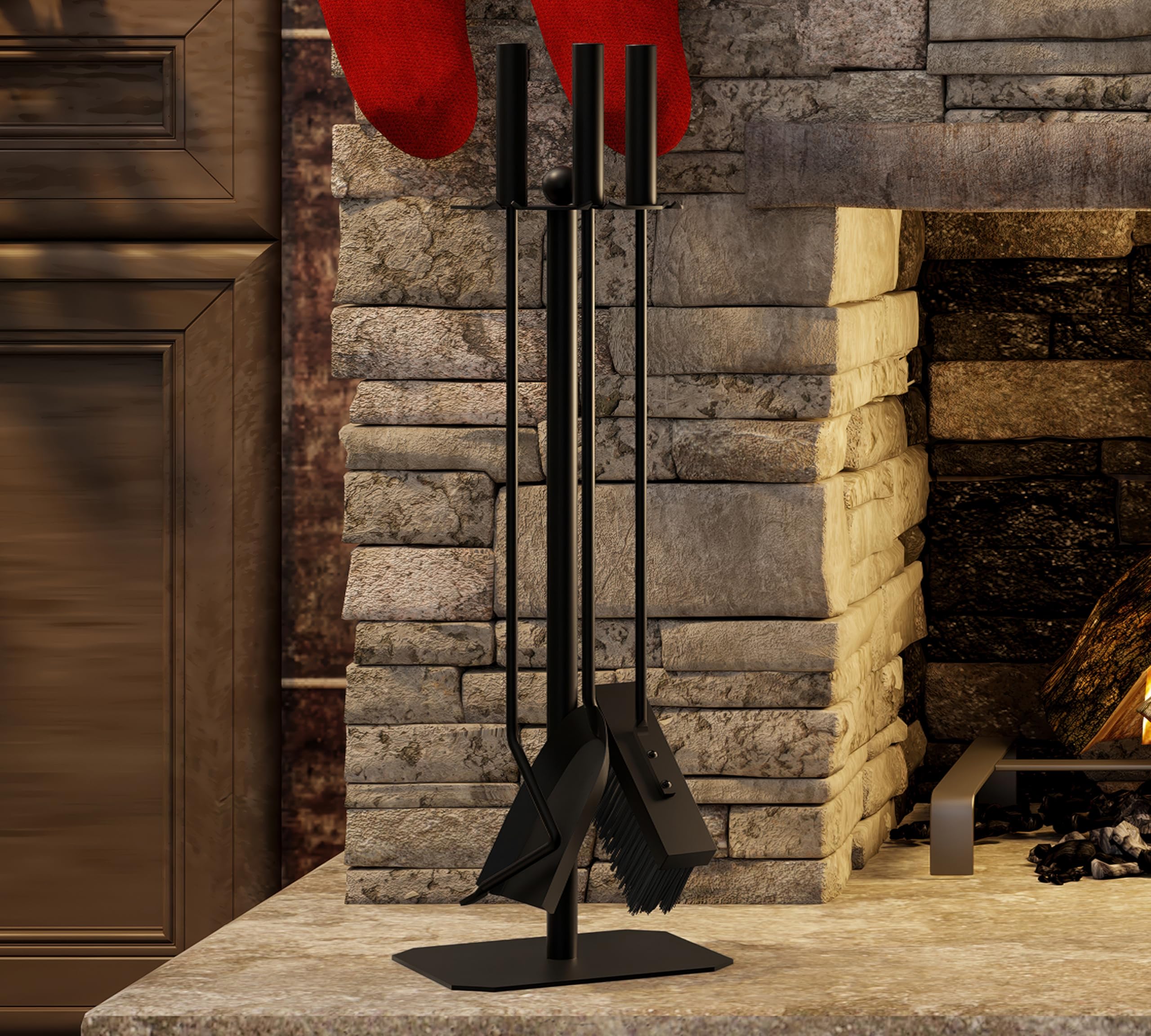 Juego de accesorios para chimenea Kingson – Juego de 3 piezas con cepillo, atizador y pala – Acero recubierto de polvo negro con detalle decorativo de bola – 57,5 cm