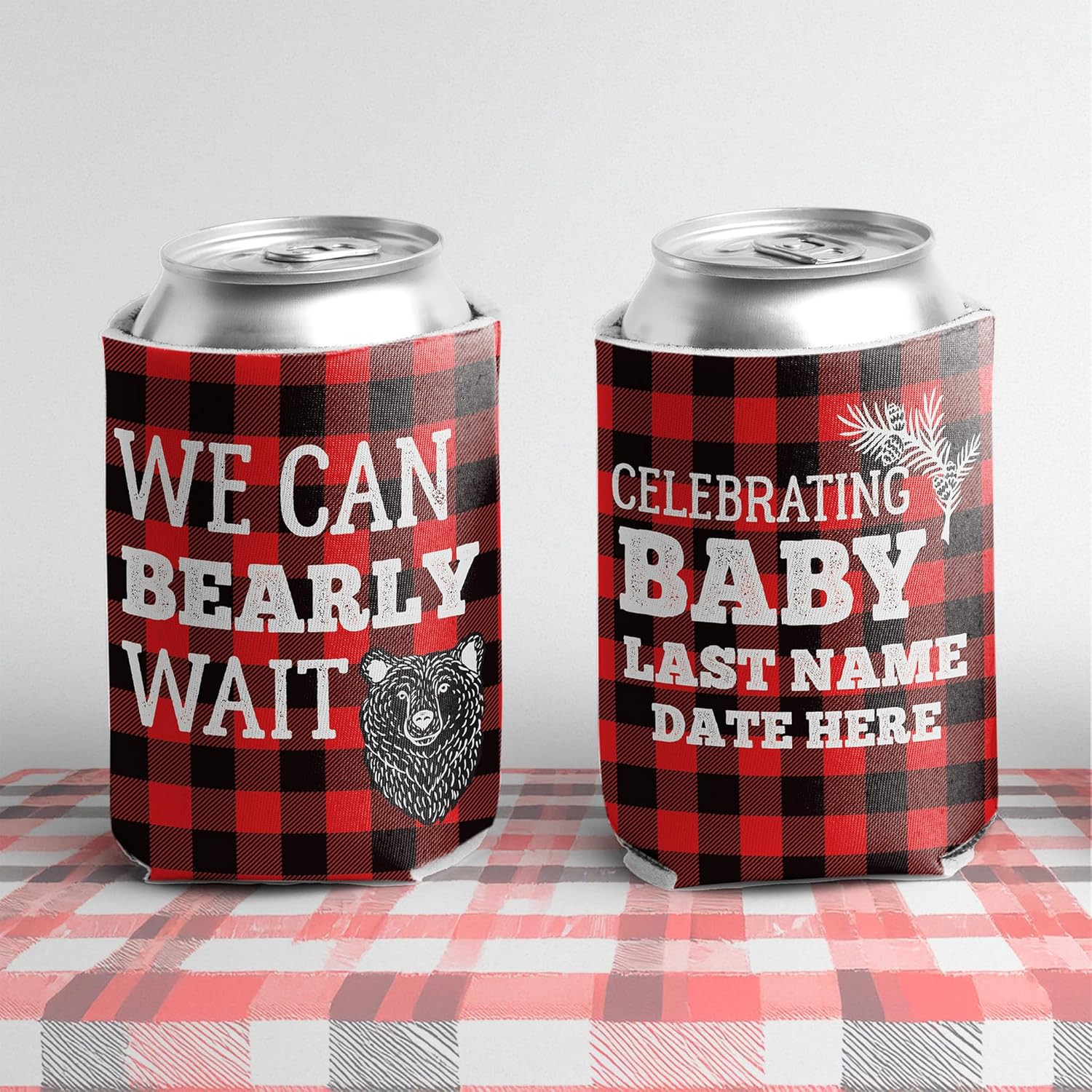 VictoryStore Custom Baby Shower Can Coolers – “We Can Bearly Wait” Buffalo Plaid Design – Set of 12 Personalized Lumberjack-Themed Coolies – Fits 12 oz Cans & Bottles