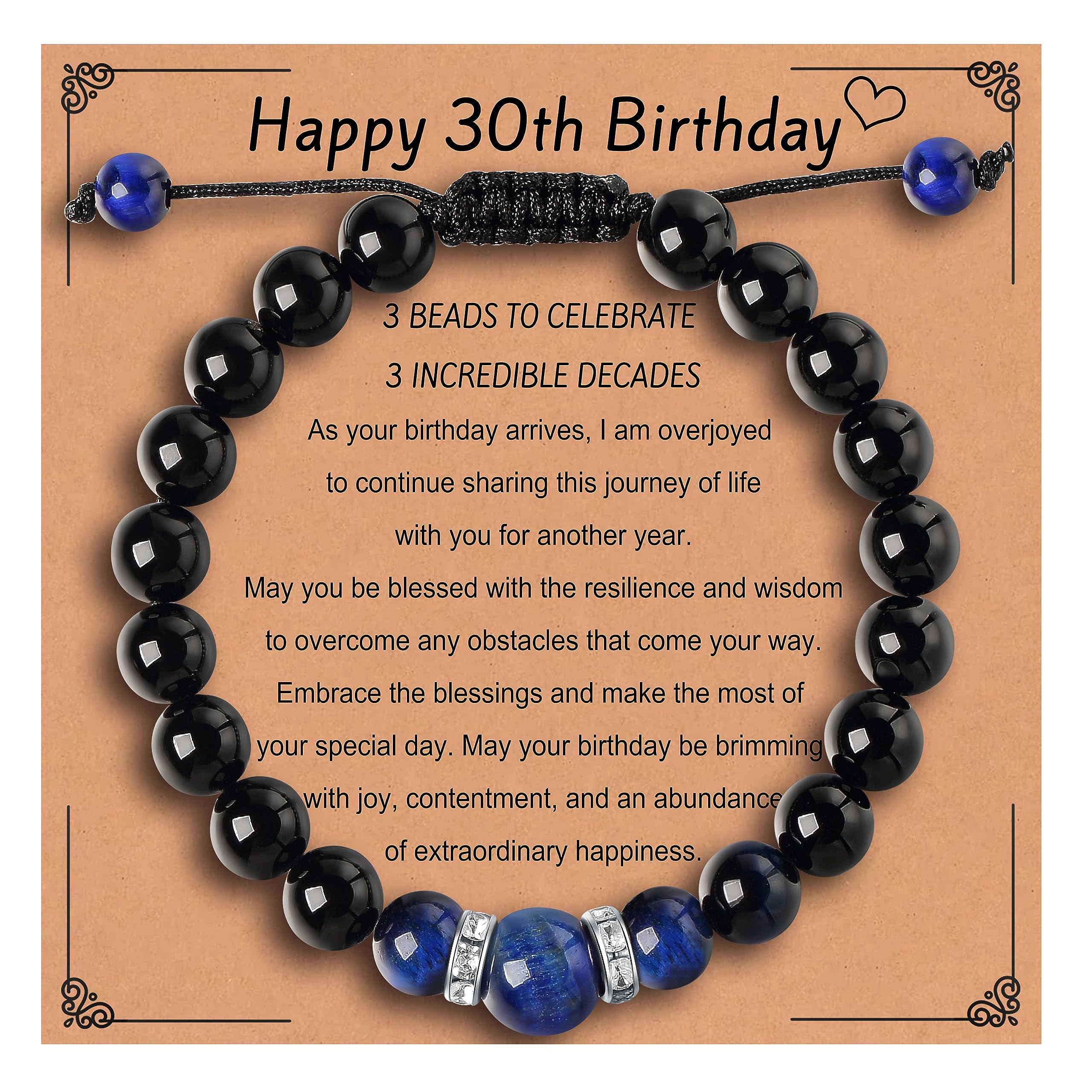 MADAOGO30th Birthday Gifts for Men, Blue Tiger Eye Bead Bracelet, Presents for 30 Year Old Men, 30th BIrthday Bracelet for Husband, Son, Brother, Friend