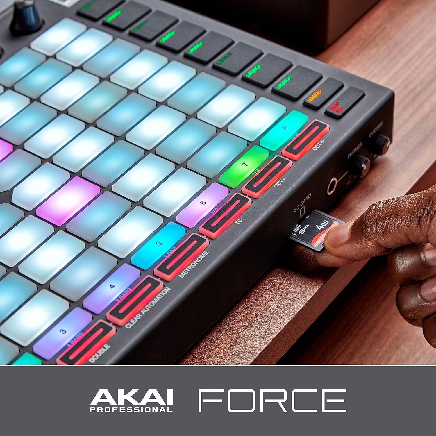 Akai Professional FORCE connected to various studio equipment via audio and MIDI cables.