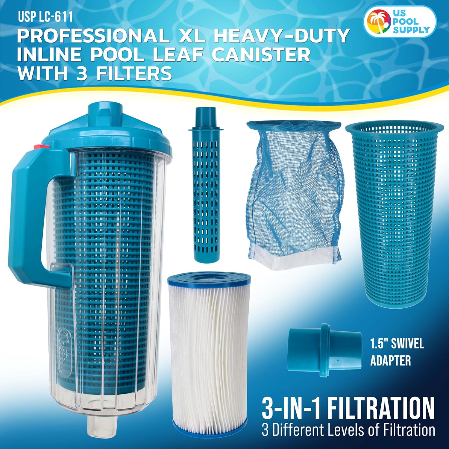 U.S. Pool Supply Pool Leaf Canister - XL Heavy Duty Inline Pool Leaf Catcher, 3-in-1 Filtration (3 Filters, Basket, Mesh Bag & Micro-Cartridge) - Fits 1.5" Hoses, Catch Leaves, Inground Vacuum Cleaner