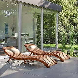 Flamaker 2-Pack Folding Acacia Wood Chaise Lounge Chairs with Side Handles - Outdoor Poolside Sun Loungers for Patio, Lawn, Backyard