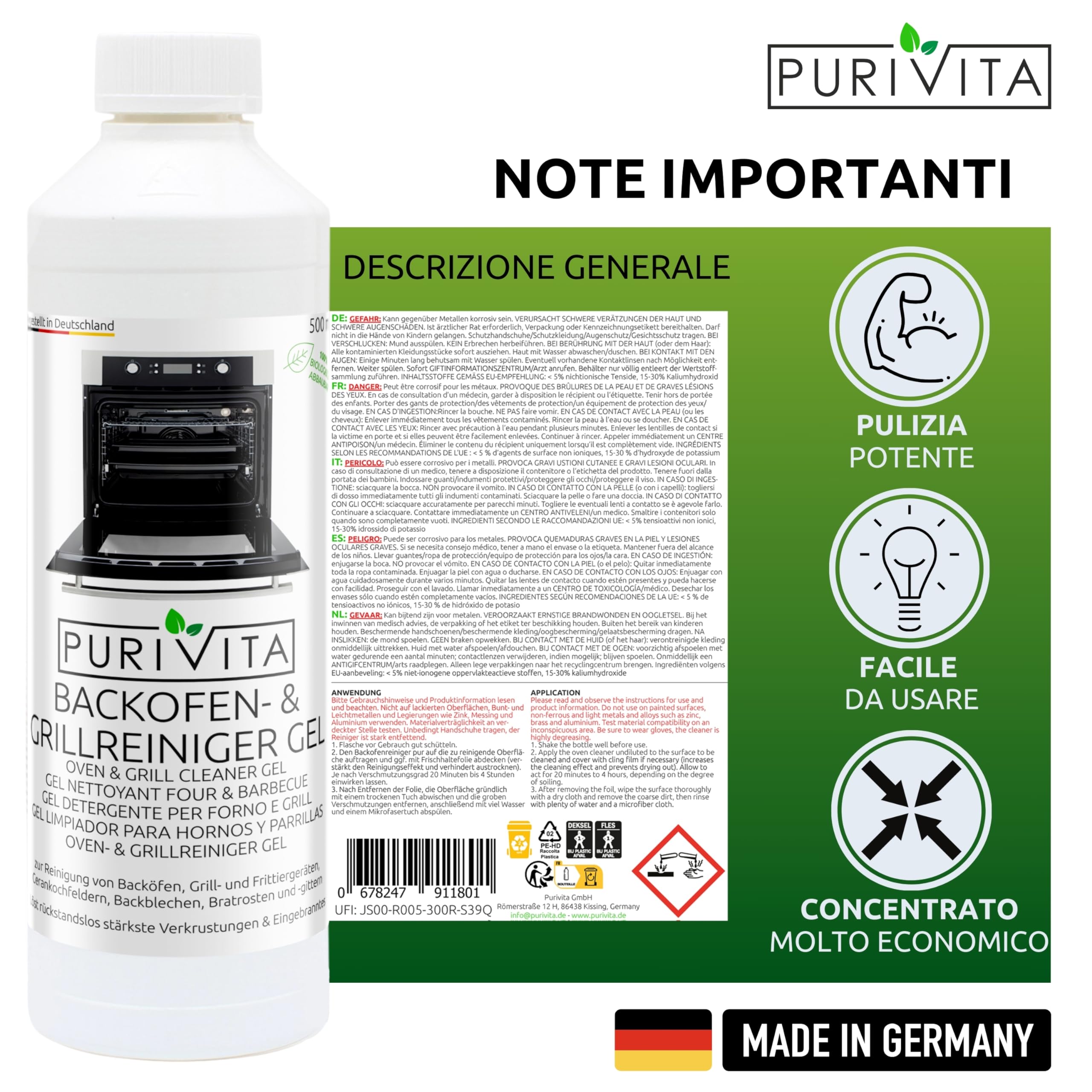 PURIVITA® Pulizia Fornr & Barbecue Grill Gel Liquido [500ML] - Detergente Pulizia Griglia Barbecue - Prodotto per Pulire il Forno & BBQ - Pulisci Forno Gel - Oven & Grill Cleaner