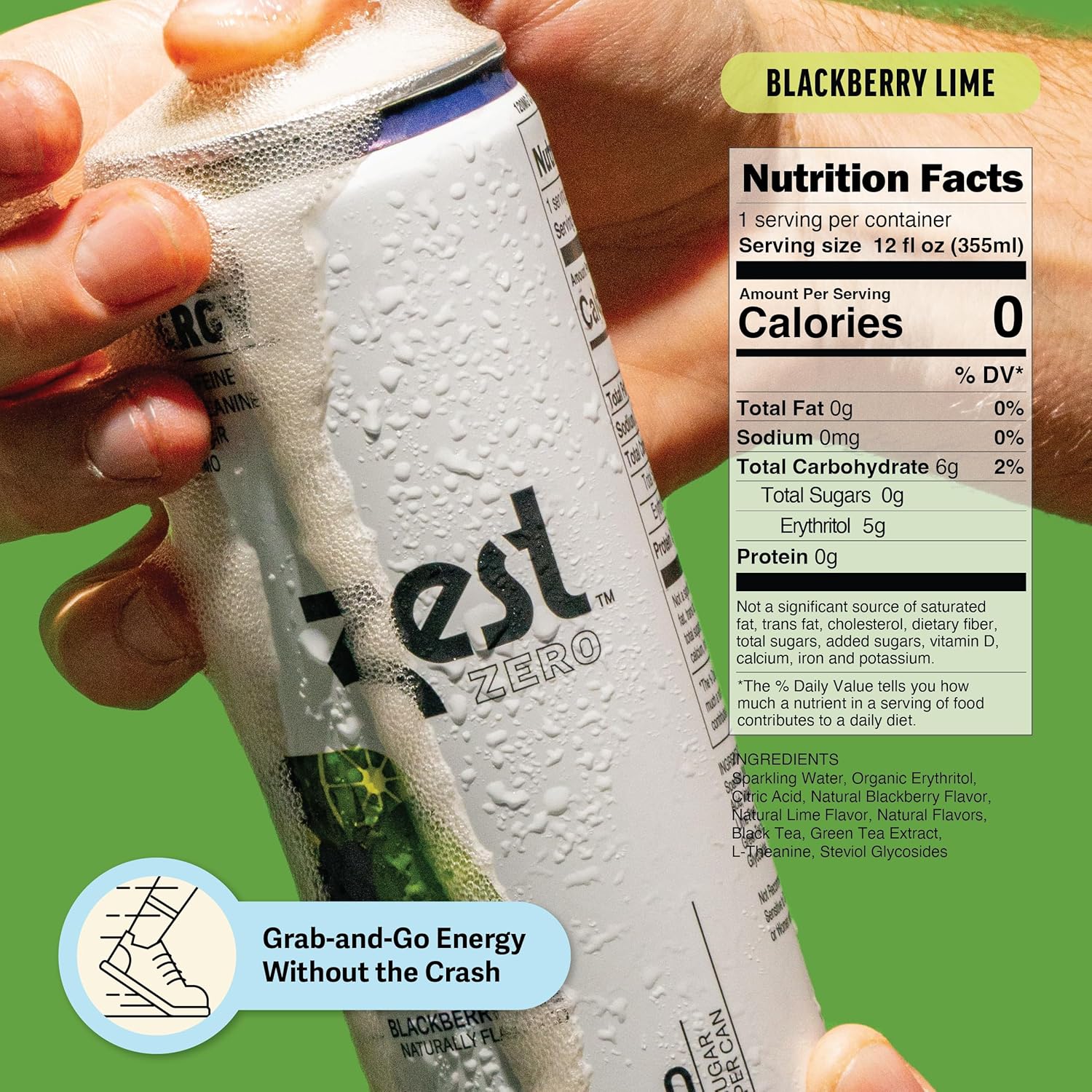 Zest Clean Energy Drink – Blackberry Lime – Zero Sugar, 0 Calories – 120mg Caffeine + 100mg L-Theanine for Focus, Energy & Concentration – Healthy Zero Sugar Energy Drink – 12oz Can, 12 Pack