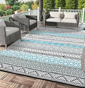 Garvee Outdoor Rug, Outdoor Plastic Straw Rug, Outdoor Rugs 9x12 for Patios Clearance Waterproof Patio Rug, Camping Rugs for Outside Rv, Grey Recyclable Woven Rugs for Yard, Deck, Blue + Gray