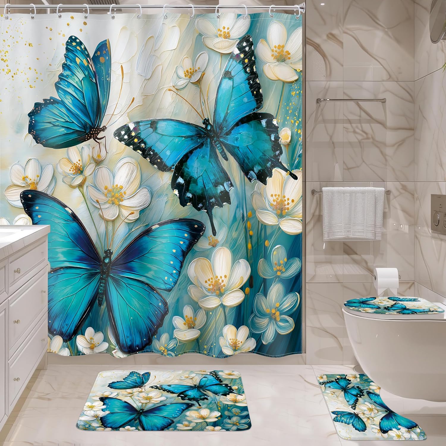4 PCS Teal Green Butterfly Shower Curtain Set 72Wx72H Inch Spring Floral Flower Complete Bathroom Set Non-Slip Bath Rug Toilet Lid Cover and U Shape Mat Accessories 12 Hooks Bathoom Decor