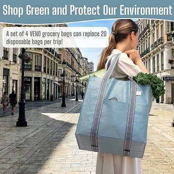 VENO 4 Pack Large Grocery Bag Reusable Shopping Bags with Hard Bottom
