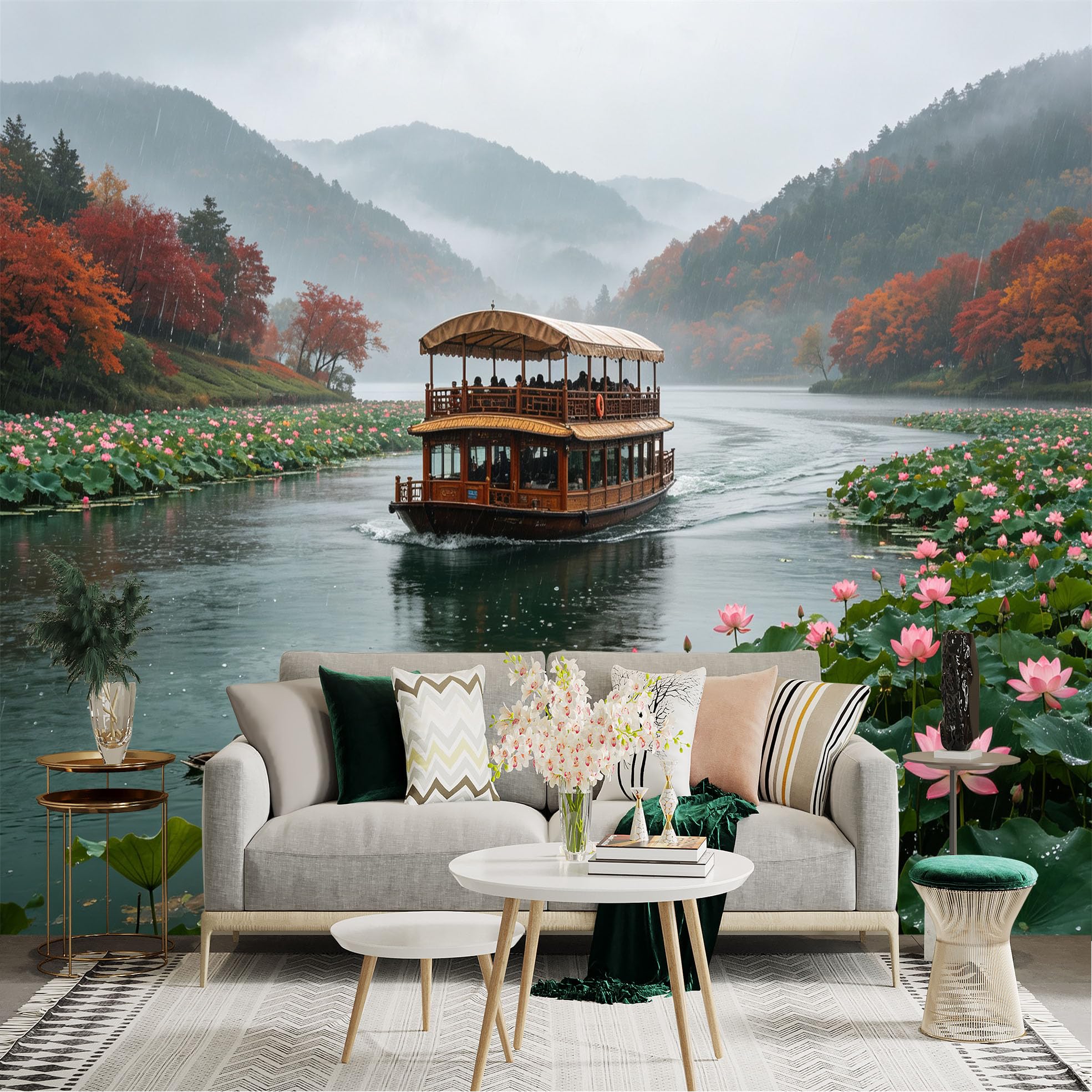 Custom Size Wall Sticker Mural， Wooden Sightseeing Boat on Misty Lake， Pink Lotus Flowers and Ducks， Autumnal Forest Scenery， for wall Decoration， peelandstick wall Decals.