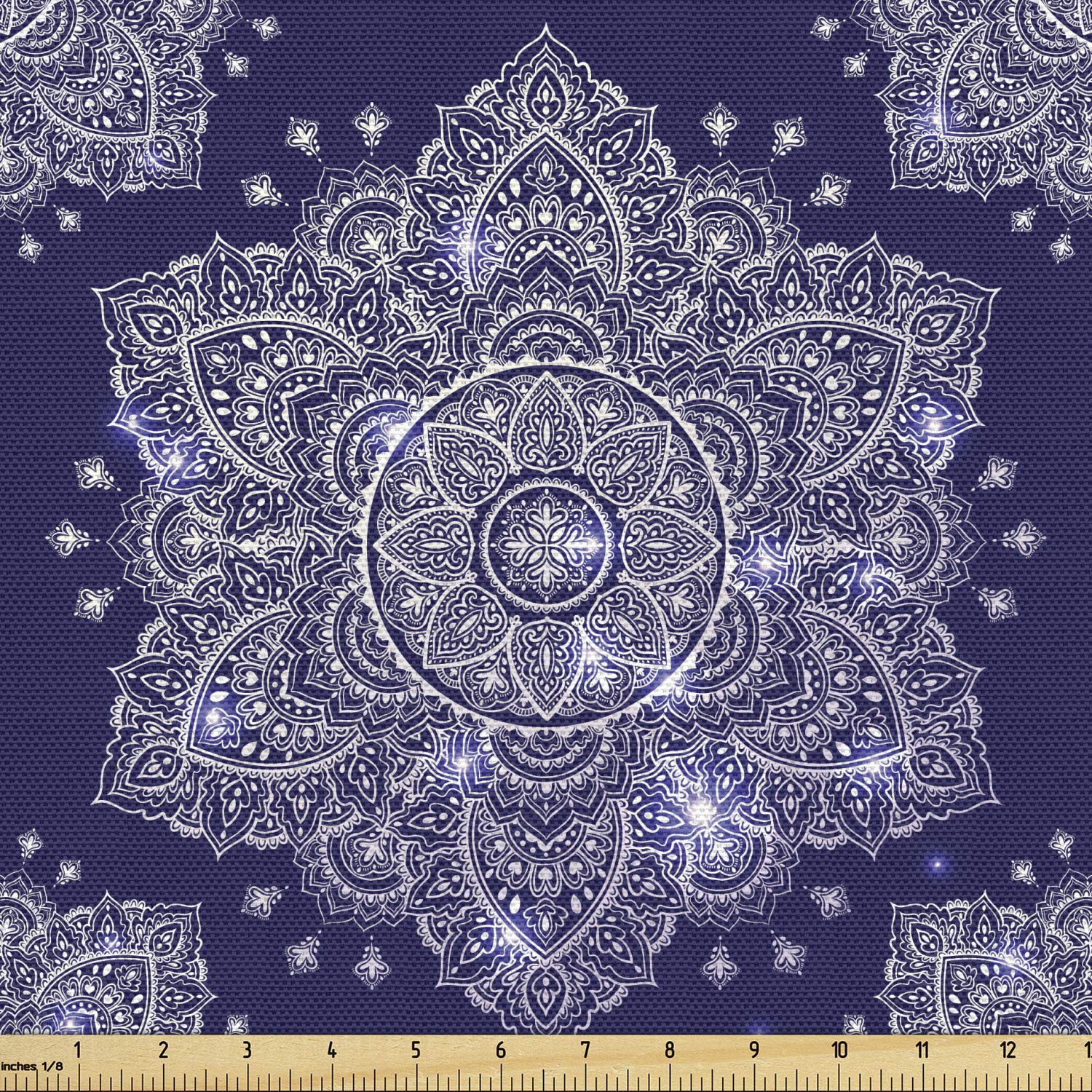 Ambesonne Ethnic Fabric by The Yard, Floral Ornament Round Mandala Paisley Inspired Retro Style, Decorative Fabric for Upholstery and Home Accents, 3 Yards, Blue Indigo