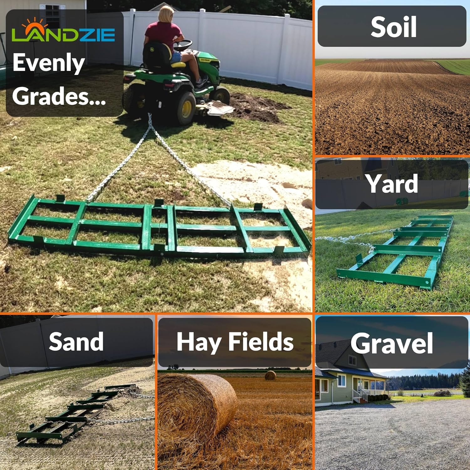 LANDZIE - The Original 4FT Drag Harrow Driveway Grader, 46 LB Heavy Duty Tow Behind Lawn and Landscape Rake, Gravel Driveway Drag, Power Rake , Lawn Leveler