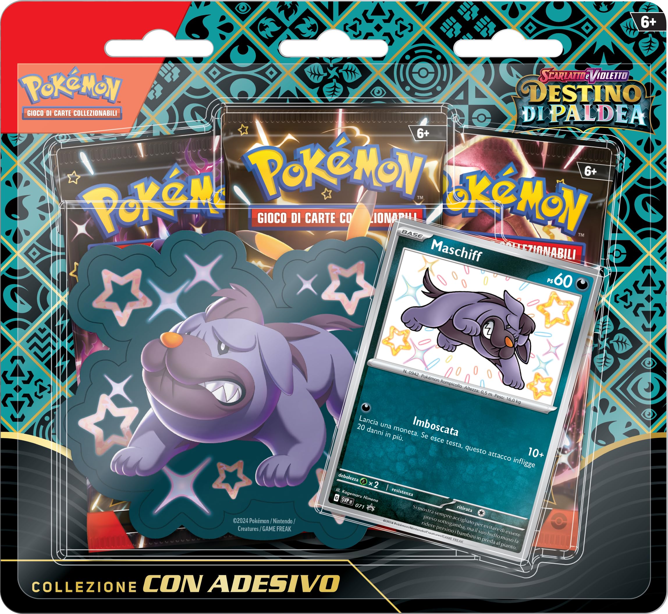 Colección con Adhesivo (Maschiff) de la expansión Escarlata y Violeta - Destino de Paldea del GCC Pokémon (una Carta Promocional holográfica y Tres Sobres de expansión), edición en Italiano