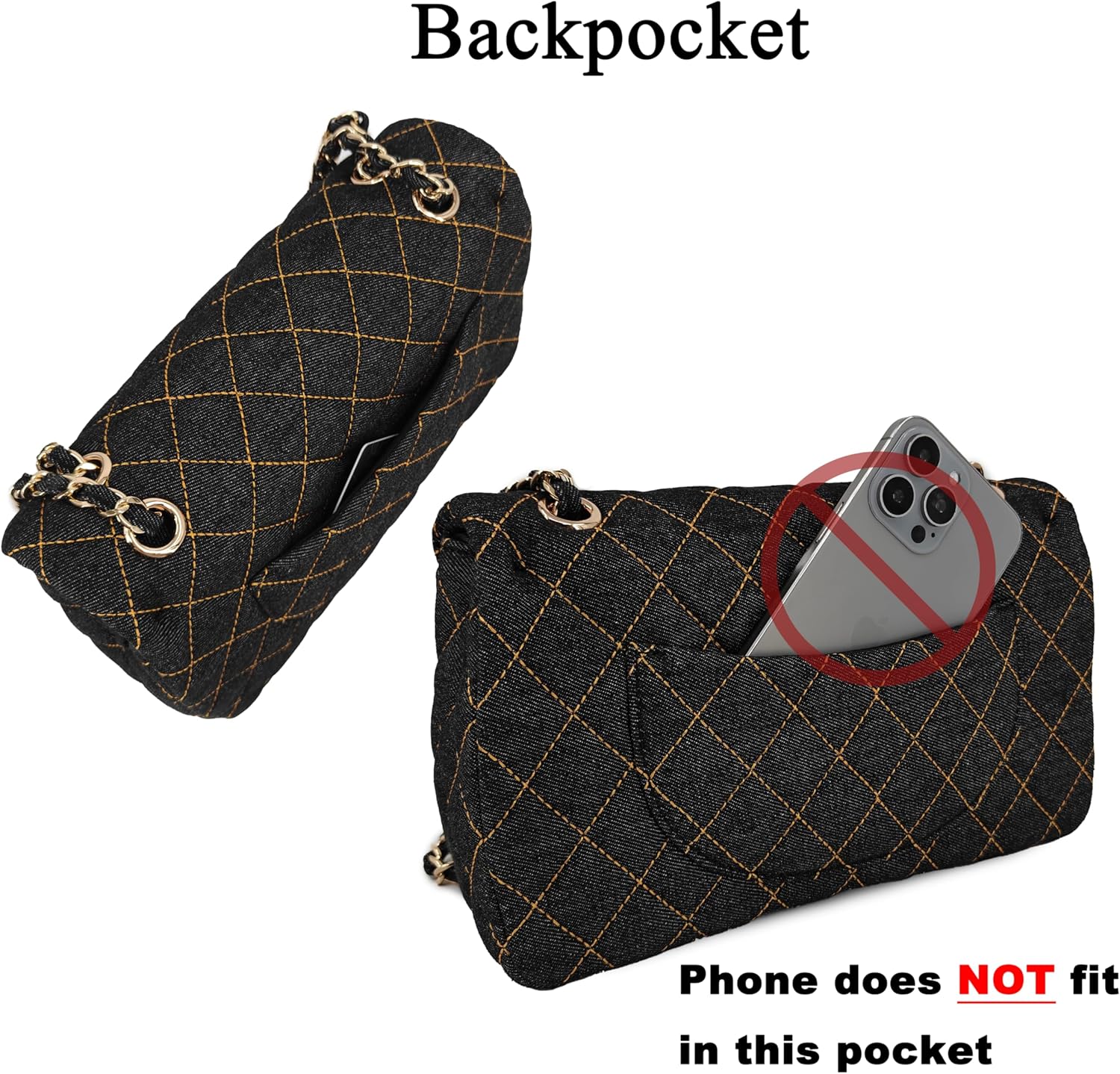 Quilted Denim Crossbody Bags for Women, Chain Strap Shoulder Bags, Medium Double Flap Purse, Gold Hardware Jean Purse - Image 7