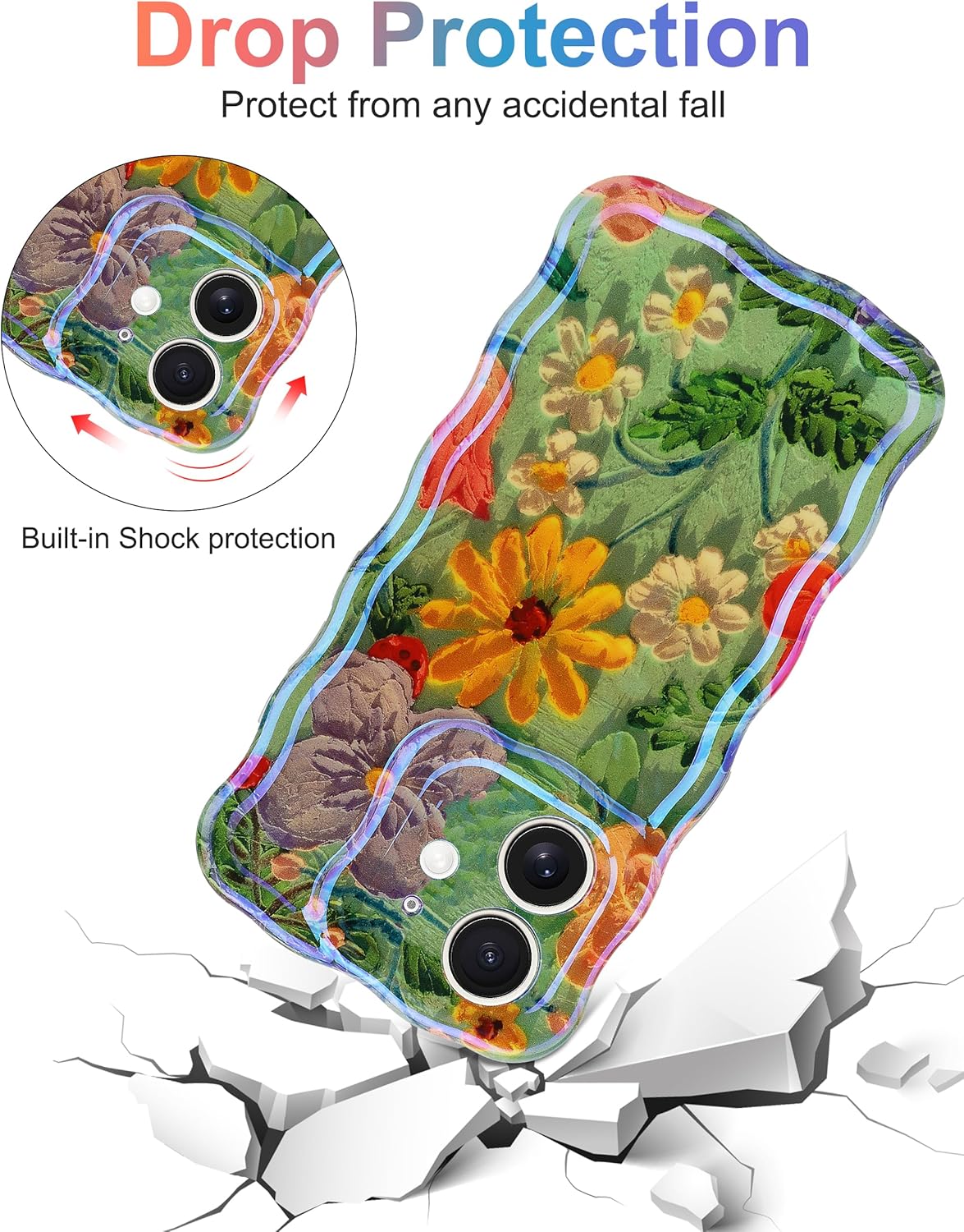 Jusy Compatible with iPhone 11, Colorful Retro Oil Painting Printed Flower Laser Glossy Pattern Cute Curly Wave Phone Case Soft TPU Cover for Girly Women - Green Yellow - Image 5