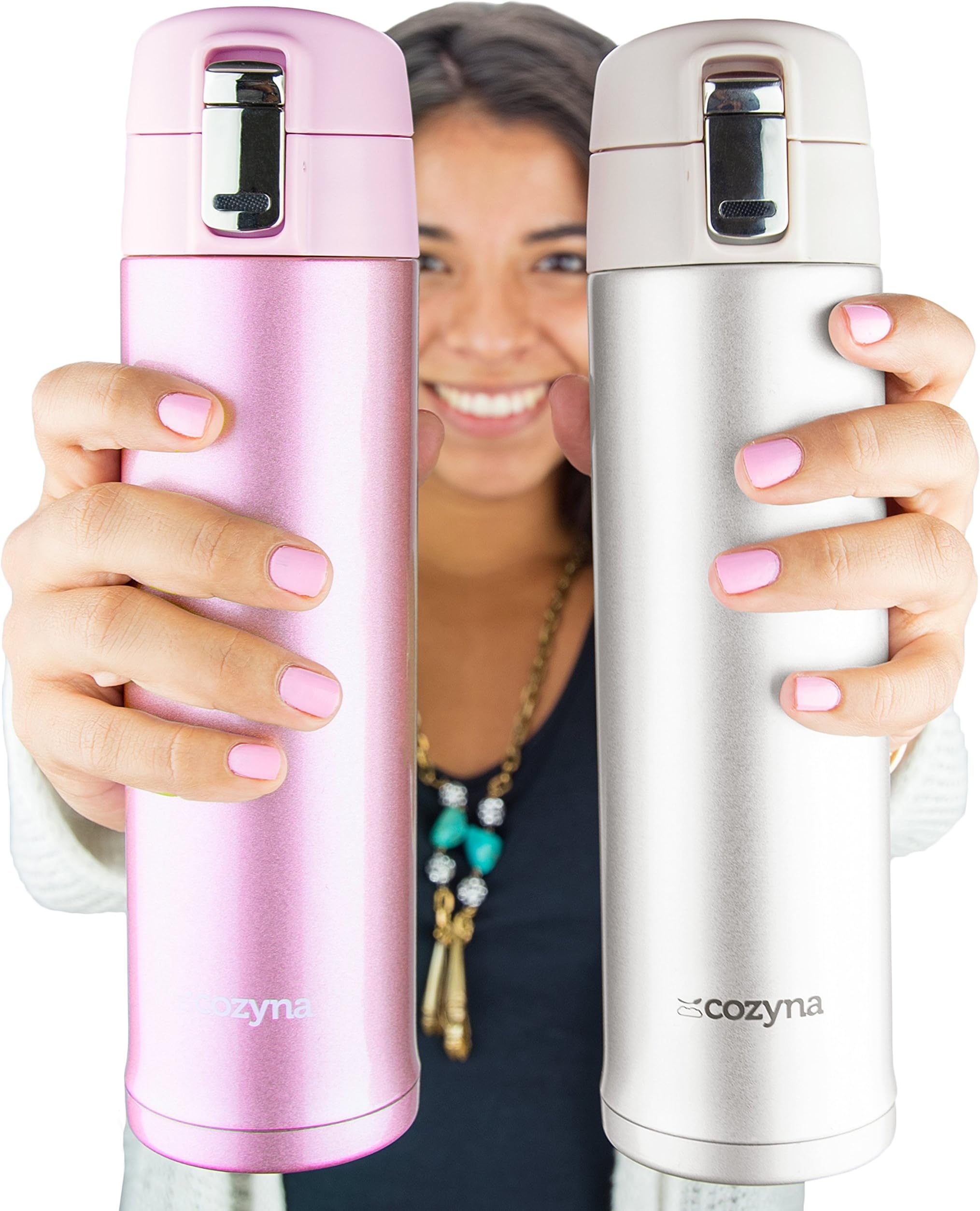 Insulated Travel Mug for Coffee And Tea by Cozyna, Stainless Steel, 16 oz, Pink and Cream