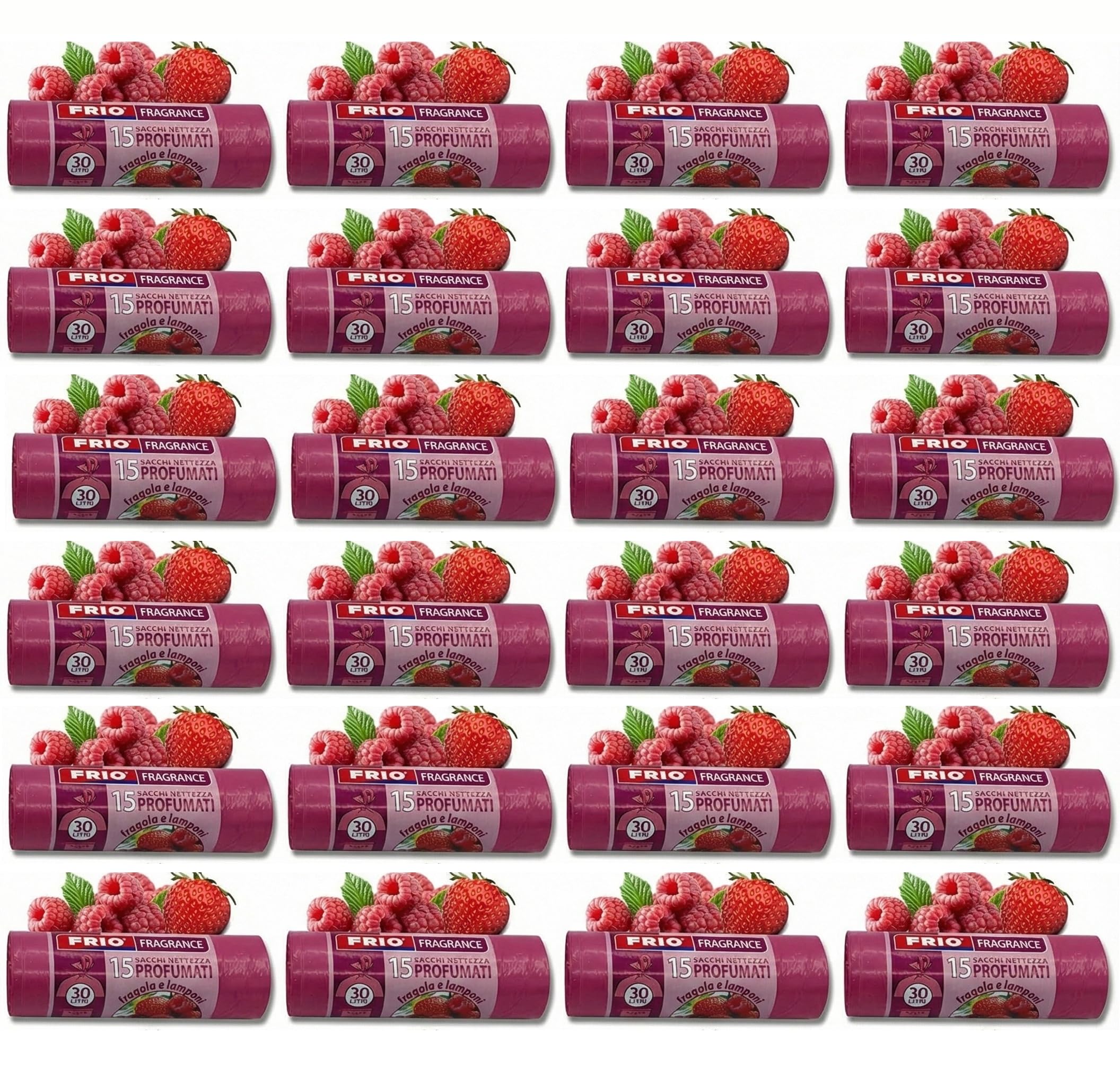 FRIO Aroma – 360 sacs poubelle parfumés 30 L, 24x15 unités, rose | Parfum Fraise & Framboise | 52x58 cm | Sacs solides petits pour cuisine et tri sélectif