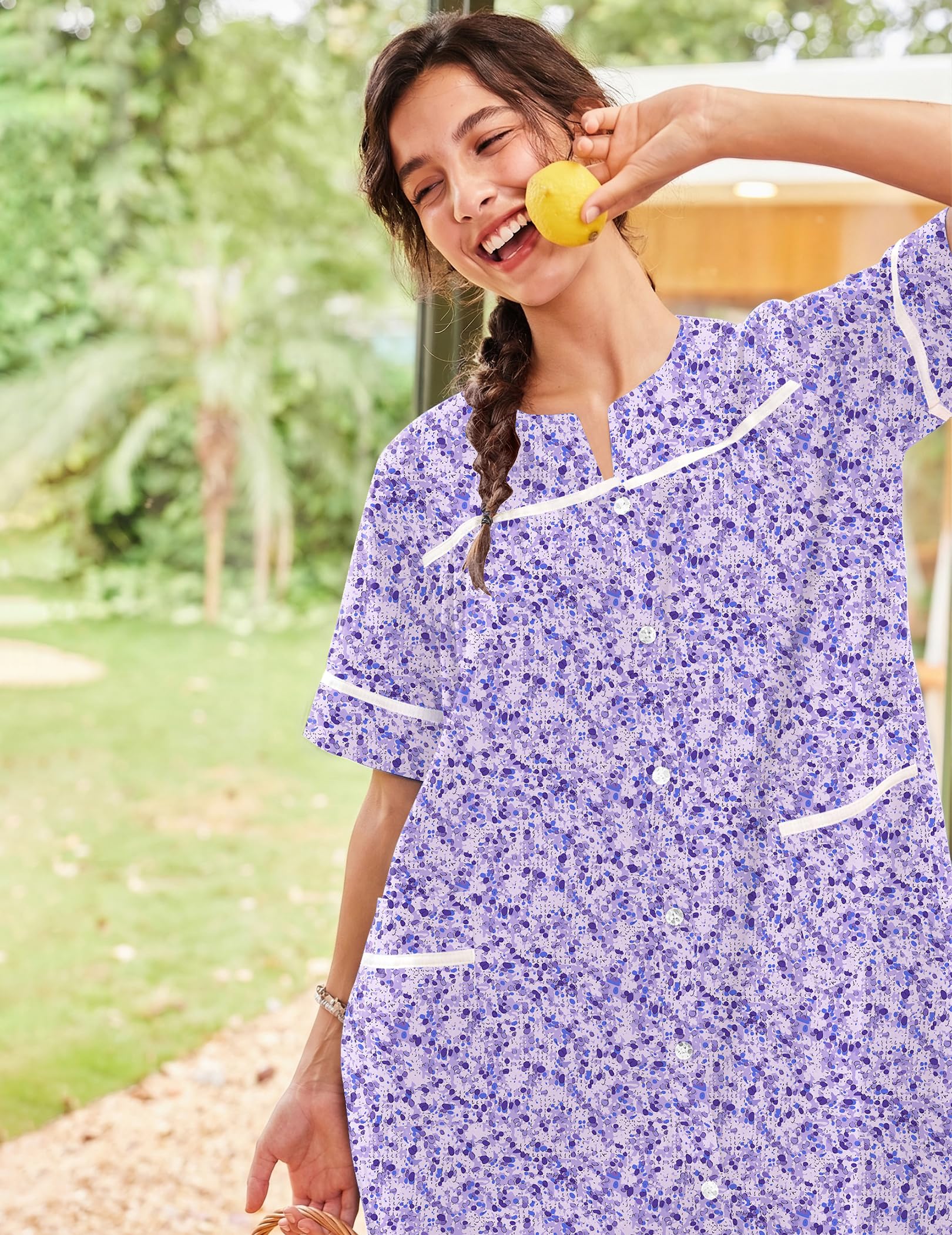 Ekouaer Camisones para mujer, vestido de casa con bolsillos, con botones, abrigo de casa, de manga corta, vestidos de noche, plumero, Moo Moos