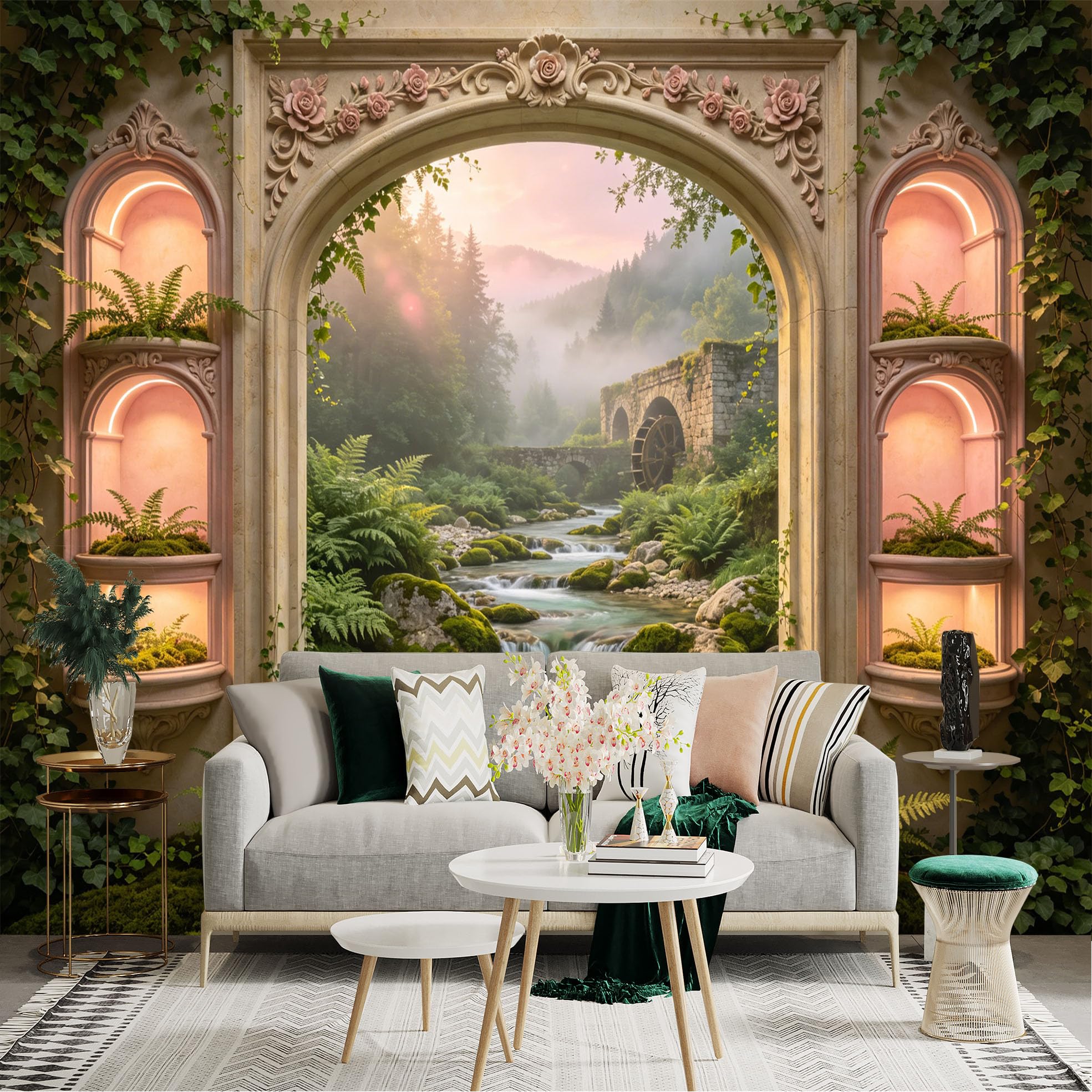 Lnzczhyre Dbh260521500 Custom Size Wall Sticker Mural， Enchanted Stone Archway， Misty Forest River， Ancient Water Mill， Lush Greenery With Ferns， For Wall Decoration， Peelandstick Wall Decals.