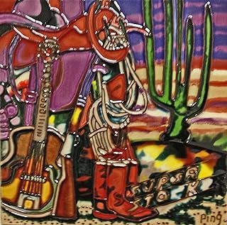 Continental Art Center BD-2143 8 by 8-Inch Cowboy Boots Guitar and a Gun Ceramic Art Tile