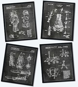 Outer Space Themed Room Decor Decorations Bedroom Boys Room Framed Wall Art Prints Set of 4 8"x10" Gifts Boys, Kids, Science Lovers Rocket Astronaut Steampunk Nasa Aerospace Galaxy