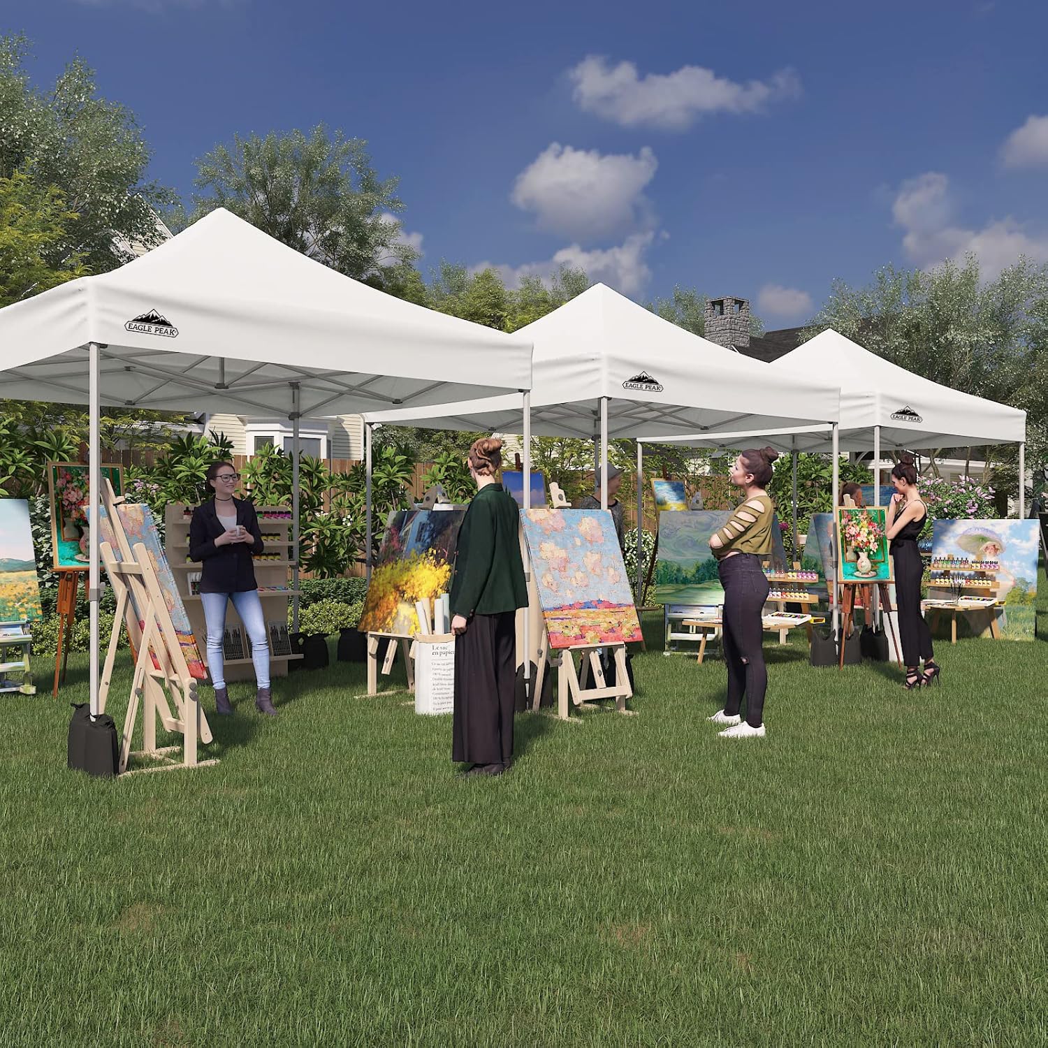 EAGLE PEAK 10x10 Heavy Duty Pop up Commercial Canopy Tent, Instant Marketplace Sun Shelter with Roller Bag and 4 Sandbags, White