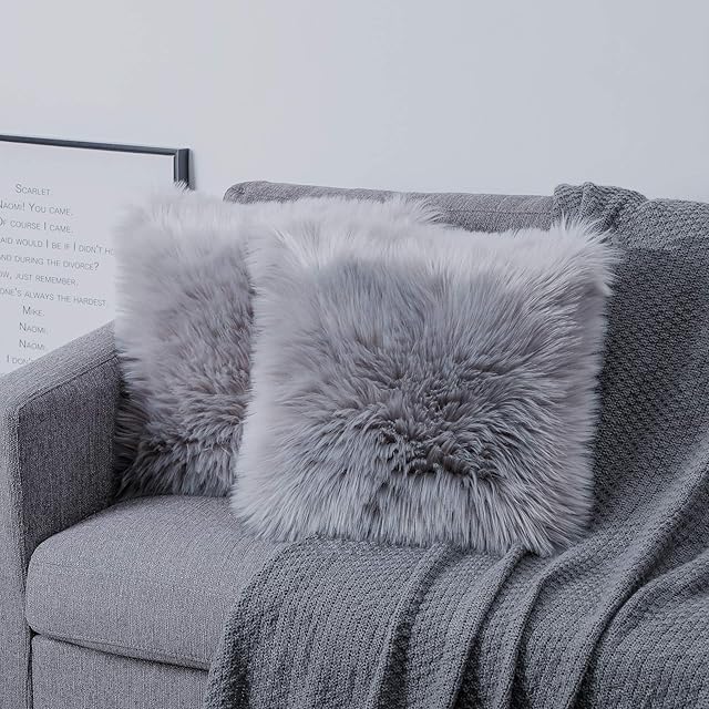 OYIMUA Grey 18'' x 18'' Fluffy Soft Faux Fur Cushion Covers Pack of 2, Luxurious Home Decorative Super Soft Plush Pillow covers Case 45 x 45 cm for Sofa Bed Car