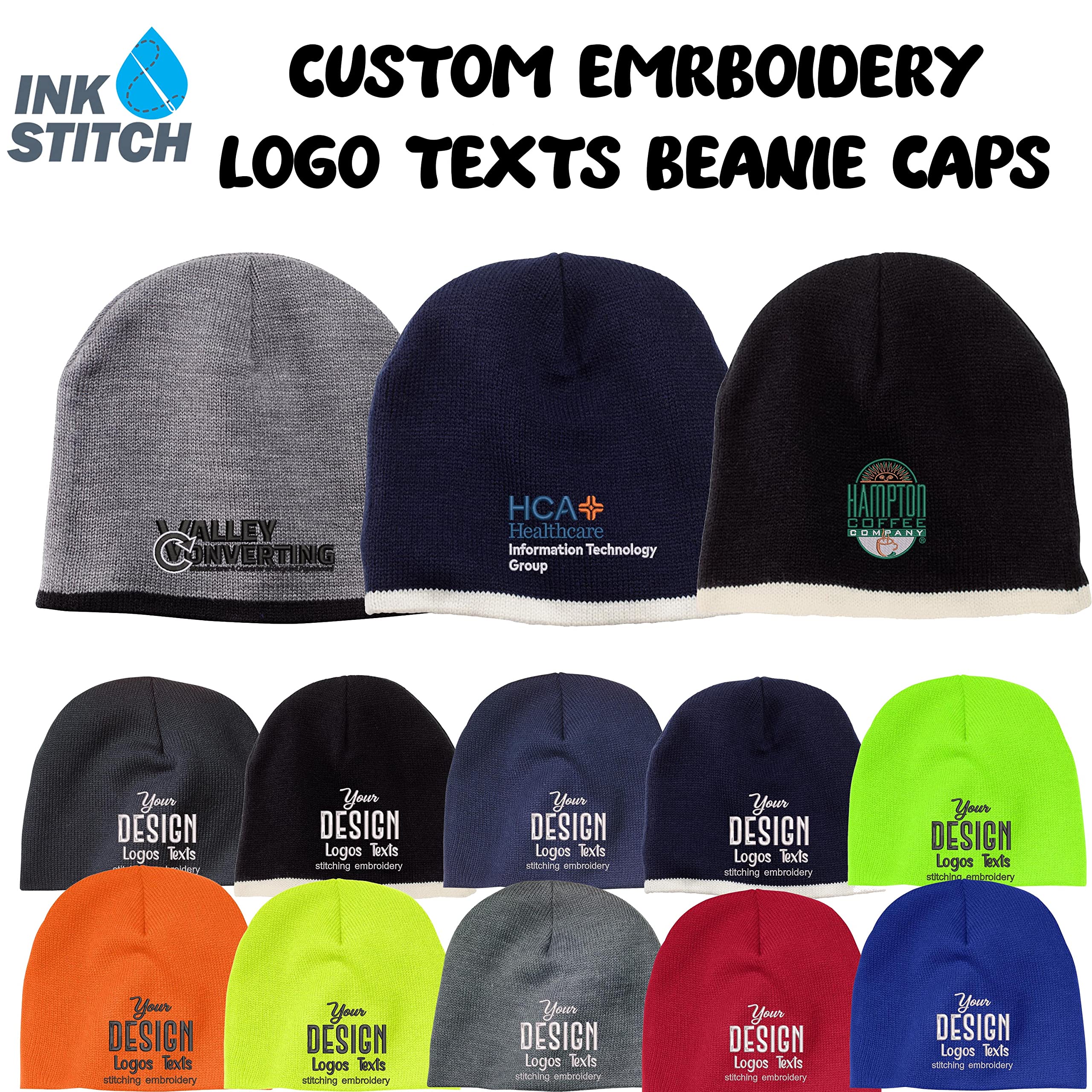 INK STITCH Cp91 Custom Embroidery Logo Texts Design Your Own Winter Beanie Hats (Oxford)