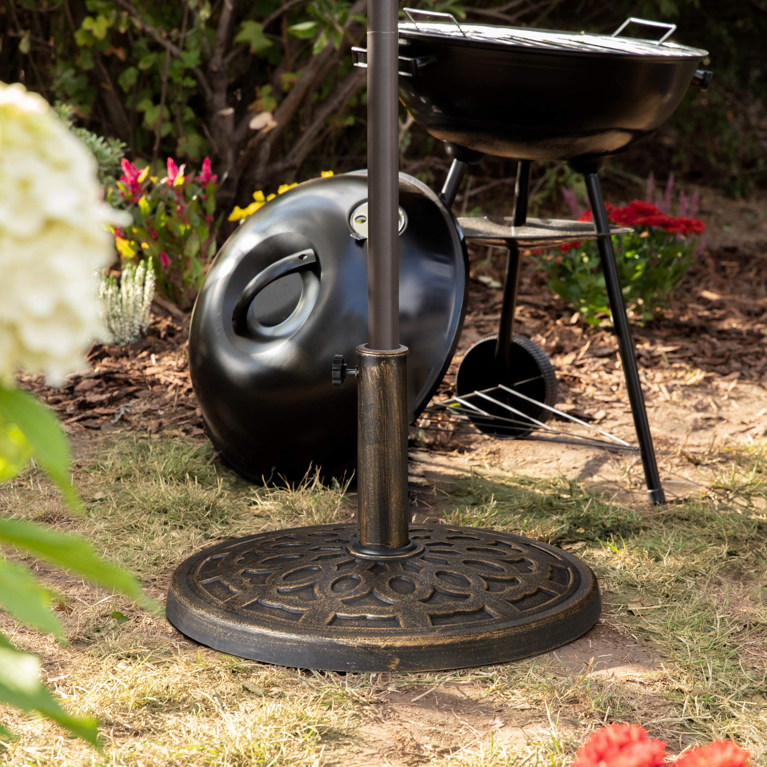 Relaxdays Support à parasol, pour des barres de 38-50 mm, résistant aux intempéries, Ø49,5cm, jardin, aspect fonte, brun
