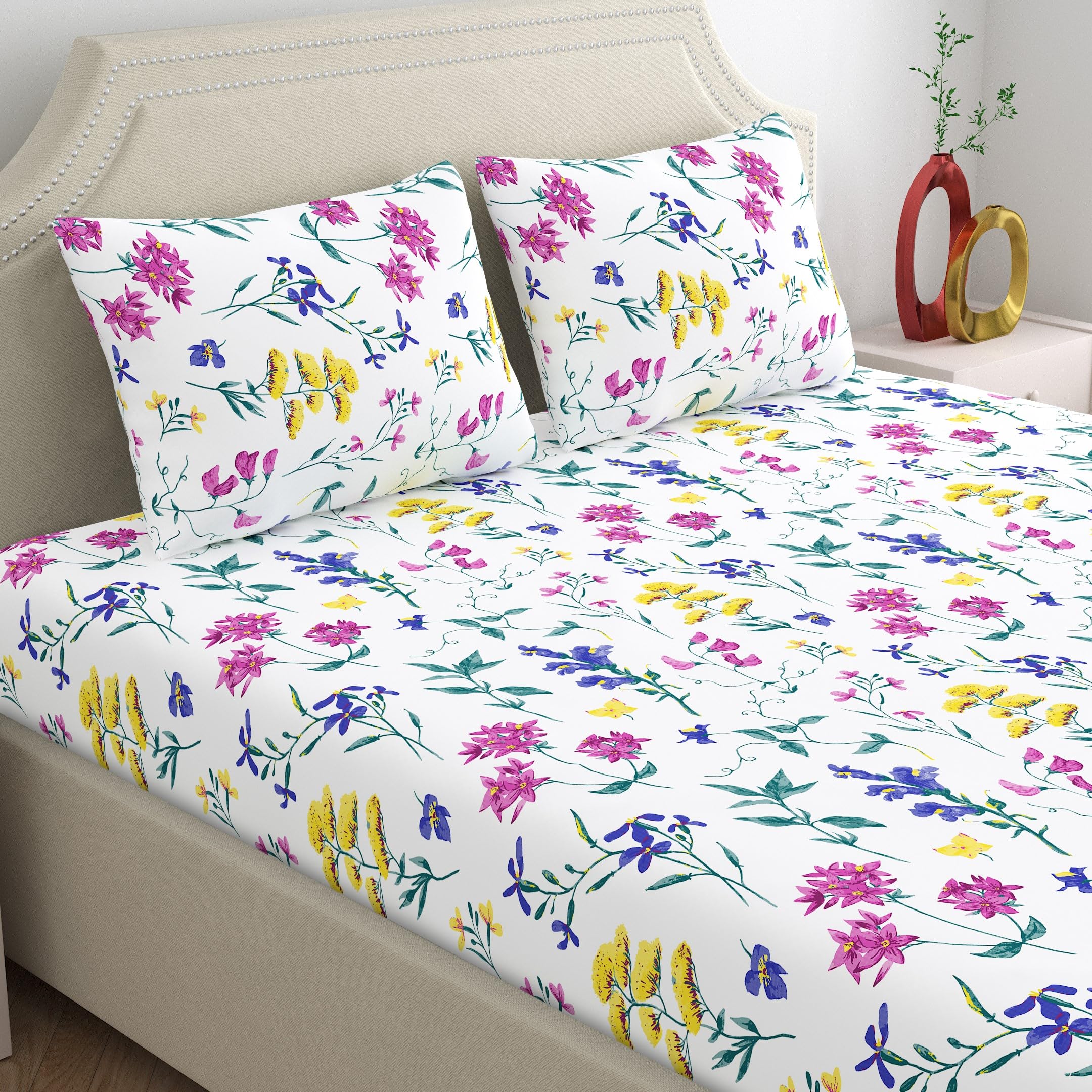 Home Ecstasy 100% Cotton Double Bedsheet with 2 Pillow Covers, 140 TC Floral White for Double Bed (7.3ft X 7.8ft) (B0D1N84F7S) Amazon Price History, Amazon Price Tracker