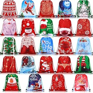 24 Pcs Christmas Gift Drawstring Bags Large Goodie Bags 13.7 x 11.8 Inch Christmas Gift Bags Fabric Reusable Christmas Bags Assorted Santa Claus Snowman Stockings Drawstring Gift Bags for Xmas Holiday