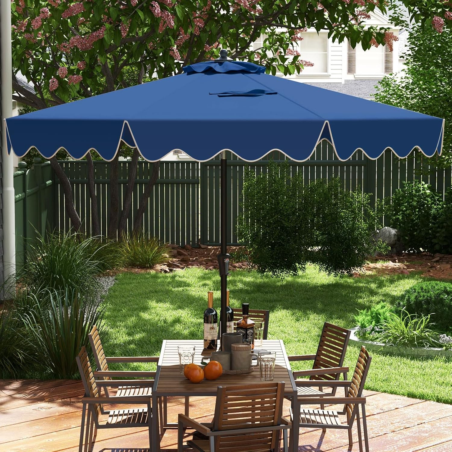HAPPYGRILL 9 FT Ruffled Patio Umbrella with Push Button Tilt, Crank, 8 Ribs, Outdoor Heavy-Duty Market Table Umbrella for Yard Garden Pool