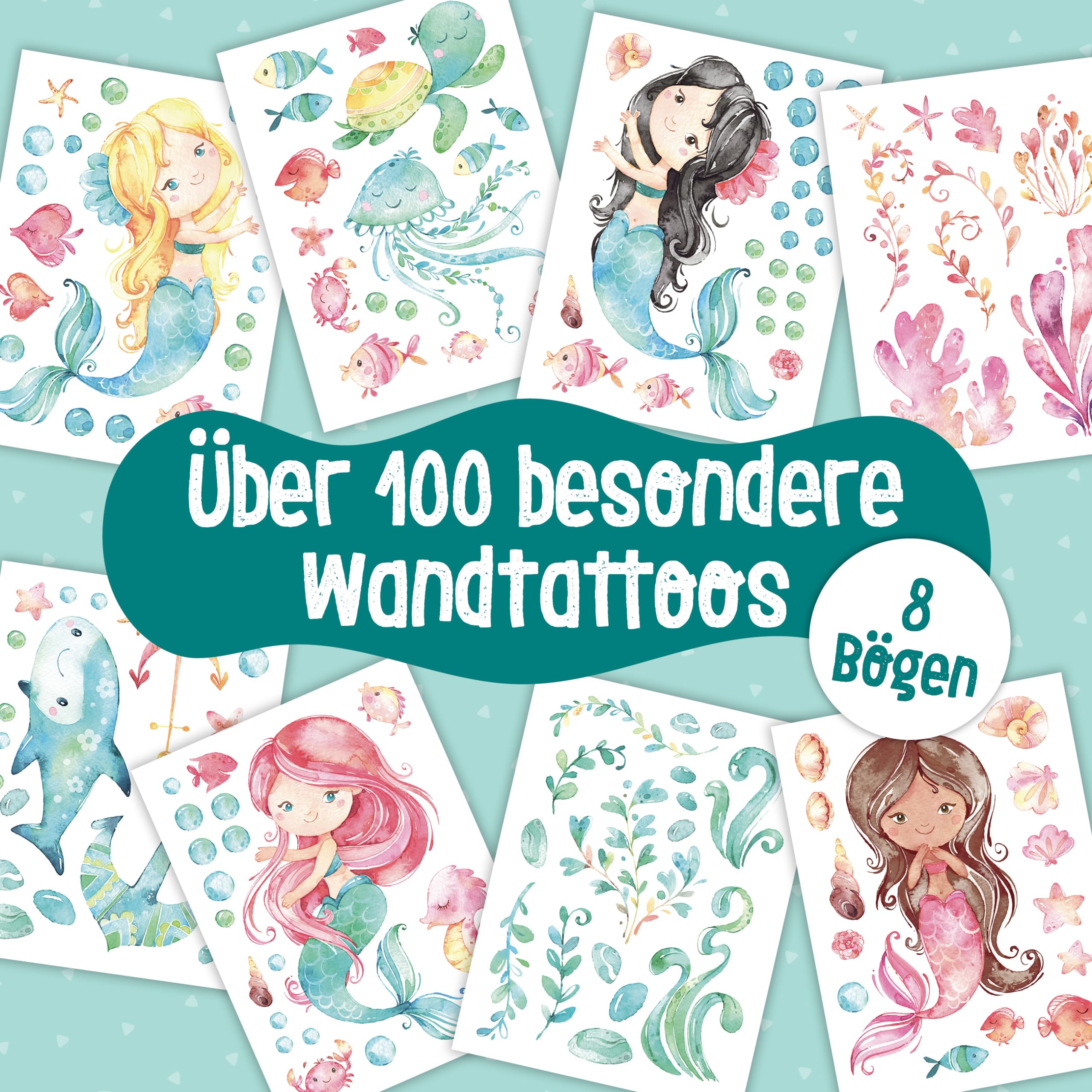 Papierdrachen Wall Tattoos, 8 Sheets with Wall Stickers for Children, Nursery Room Decoration, Mermaid, 22 x 30 cm per Sheet - Image 2