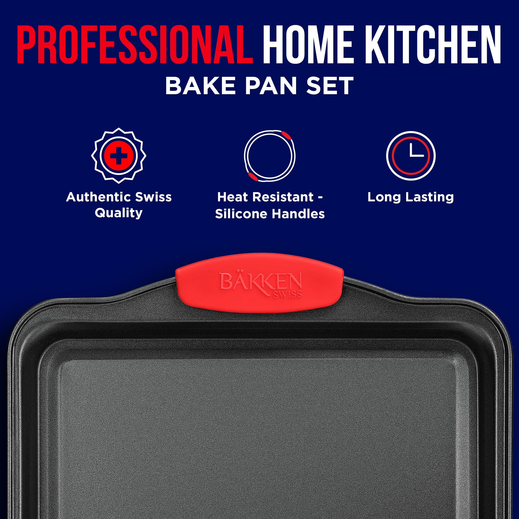 2 Piece Set Nonstick Carbon Steel Oven Bakeware -Professional Quality Kitchen Cooking Baking Trays -PFOA, PFOS, PTFE-Free Medium & Large Baking Sheet Pans with Red Silicone Handles