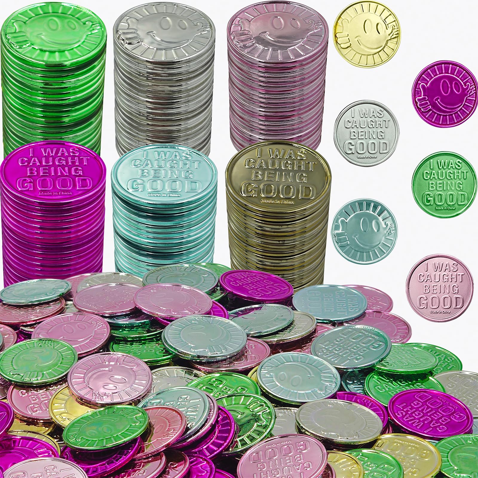 The Dreidel Company Reward Coins - 200 Pack - Plastic Coins - 'I Was Caught Being Good' - Classroom Behavior Incentives - Multicolor - Unisex - Ages 3