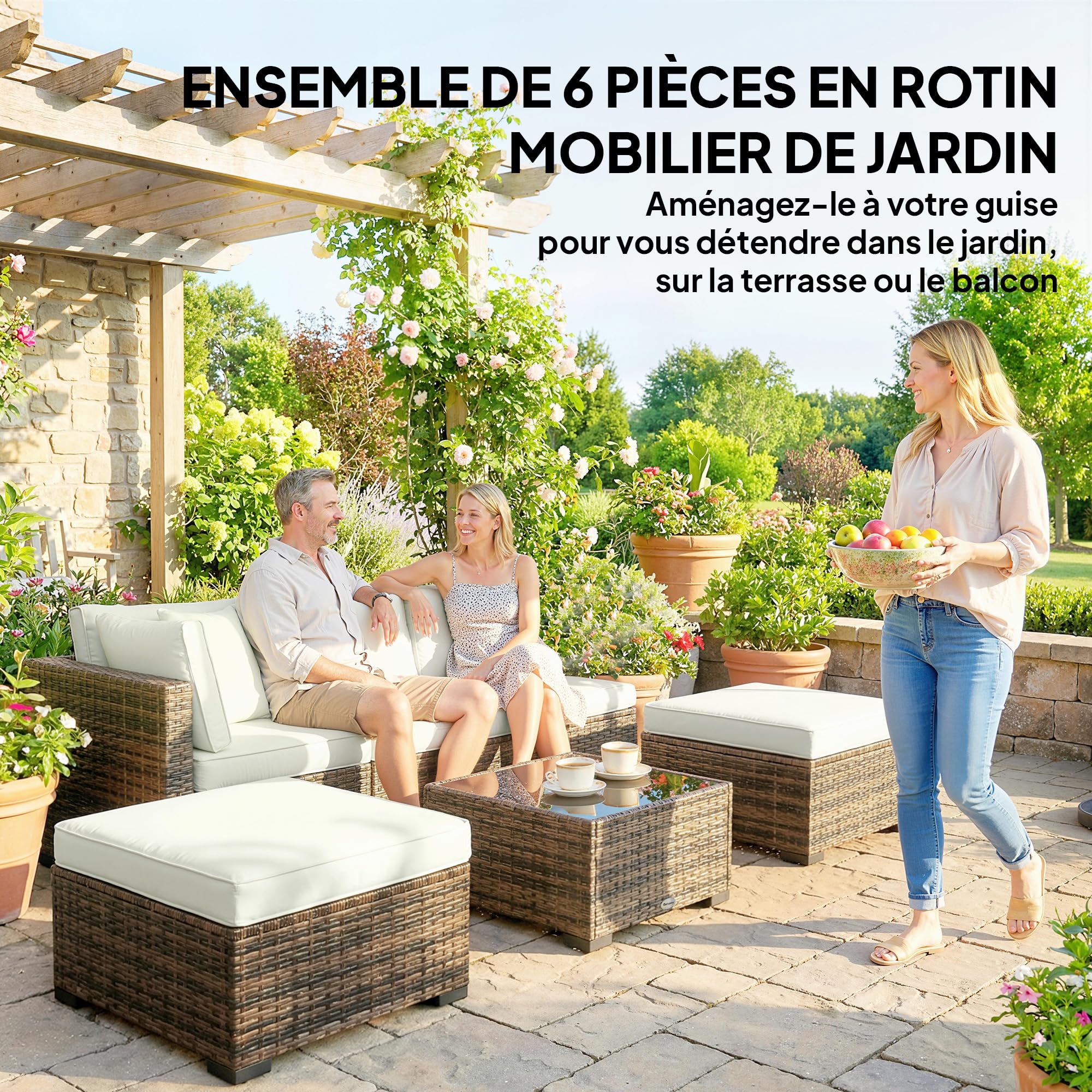 Outsunny Salon de jardin extérieur d'angle 5 places modulable en résine tressée avec canapés, repose-pieds, table basse en verre trempé et coussins, mobilier de jardin, terrasse, patio, crème et jaune