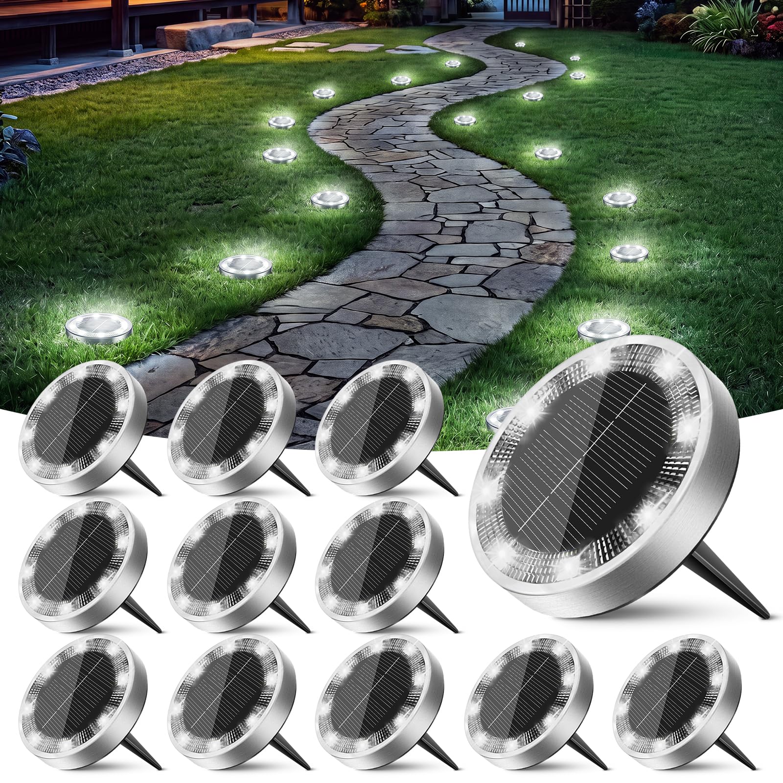 Peasur Solar Lights Outdoor Waterproof, 12 Pack Solar Lights for Outside, Anti-Rust, Solar Garden Lights Landscape Lighting for Pathway Yard Lawn Walkway Driveway, Cool White