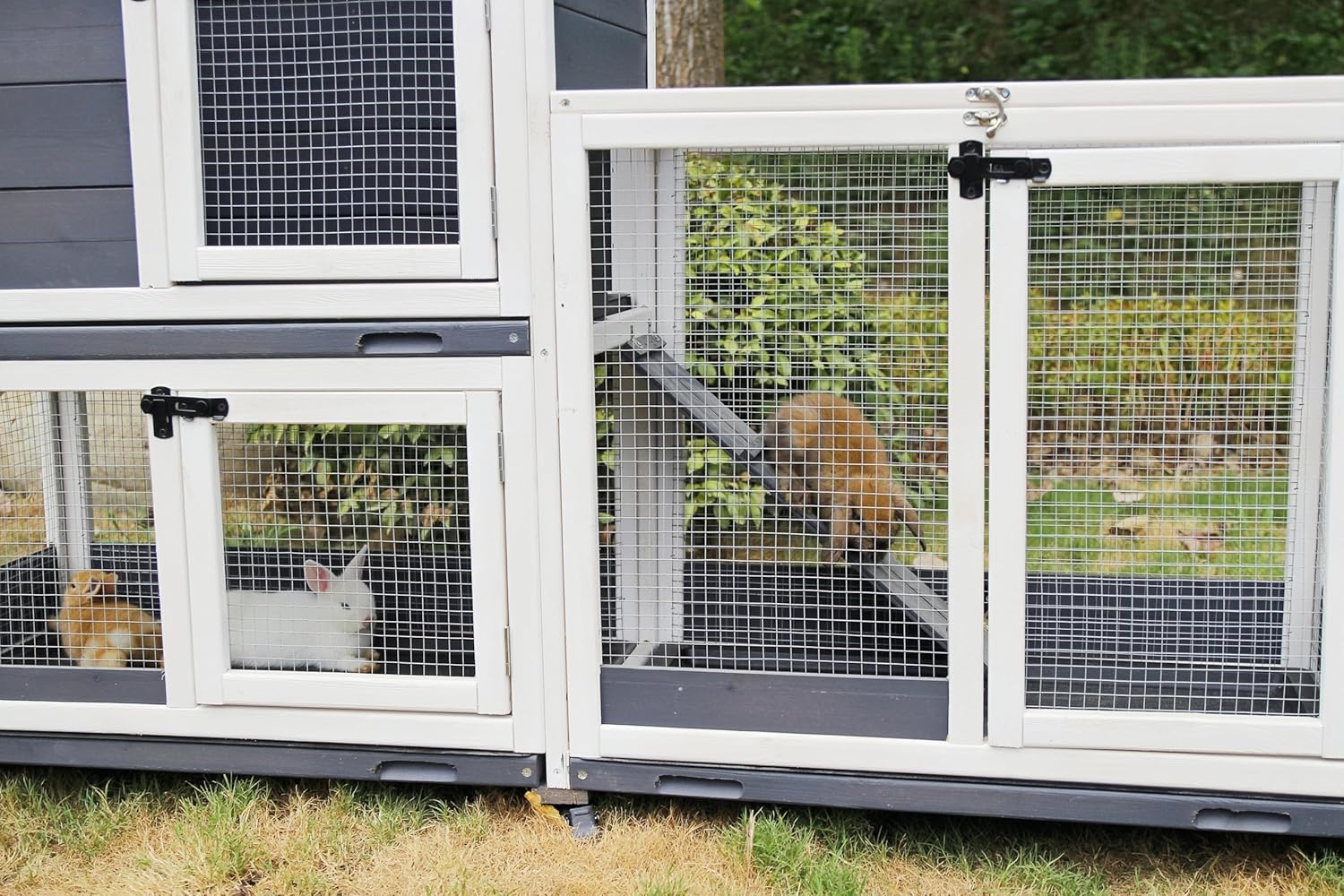 Indoor and Outdoor Wooden Rabbit Cage, 2-Story, with Wheels, Ramp, 2 Pull-Out Trays, Open Sun Panel Roof, for Rabbits, Guinea Pigs