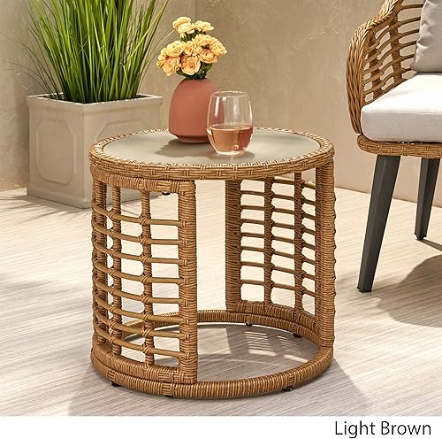 Miniatura 4 de GDFStudio Amanda - Mesa auxiliar de mimbre estilo bohemio para exteriores con parte superior de vidrio templado, color marrón claro
