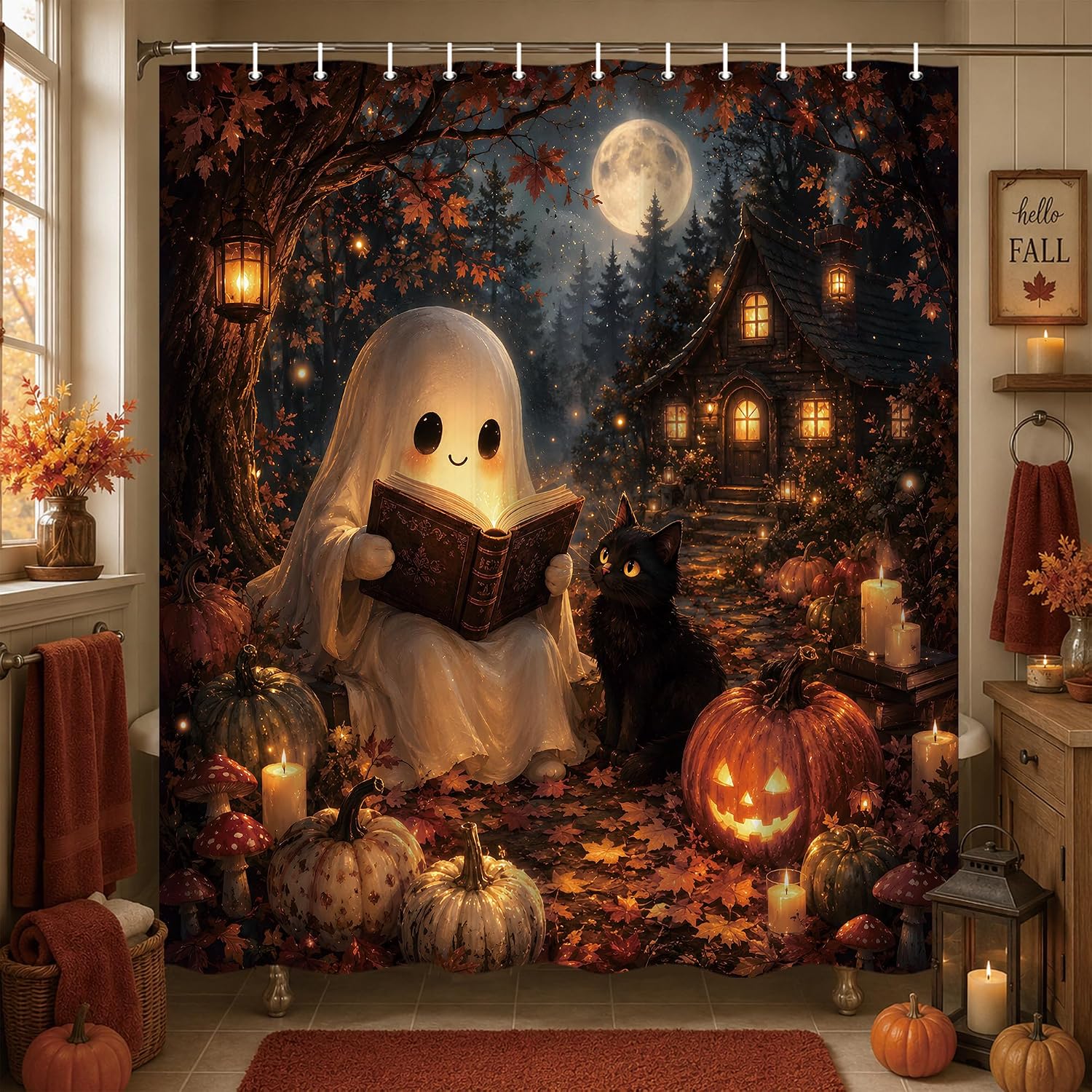 Halloween Ghost Shower Curtain for Bathroom, Cute Ghost Reading Book with Black Cat and Moonlight Cottage Design, Waterproof Bath Curtain, 72 x 72 Inch